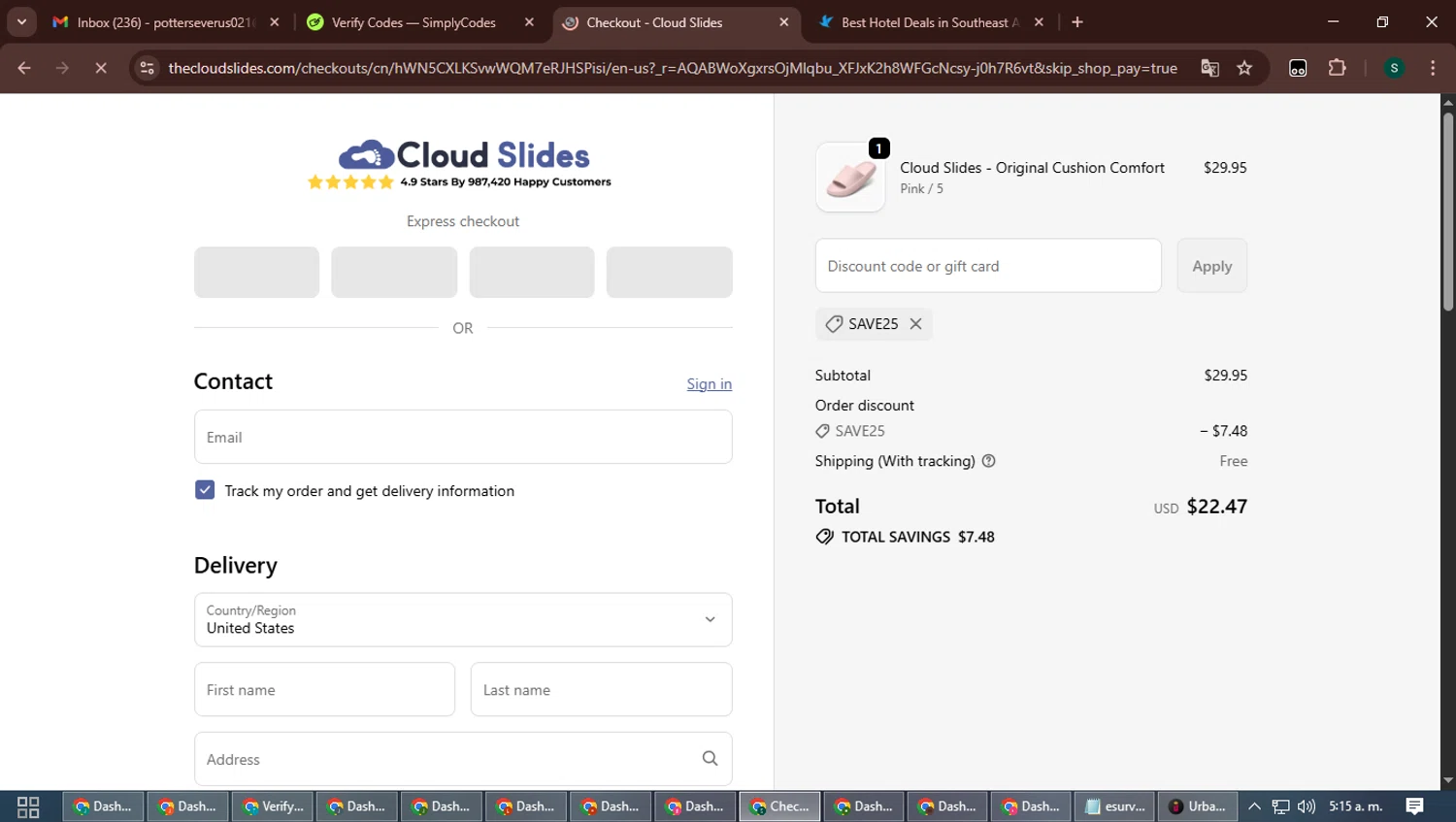 Cloud Slides discount code screenshot showing code SAVE25 applied at Cloud Slides checkout page. Uploaded by SimplyCodes community member ShrewdAce7935 on Nov 12, 2025
