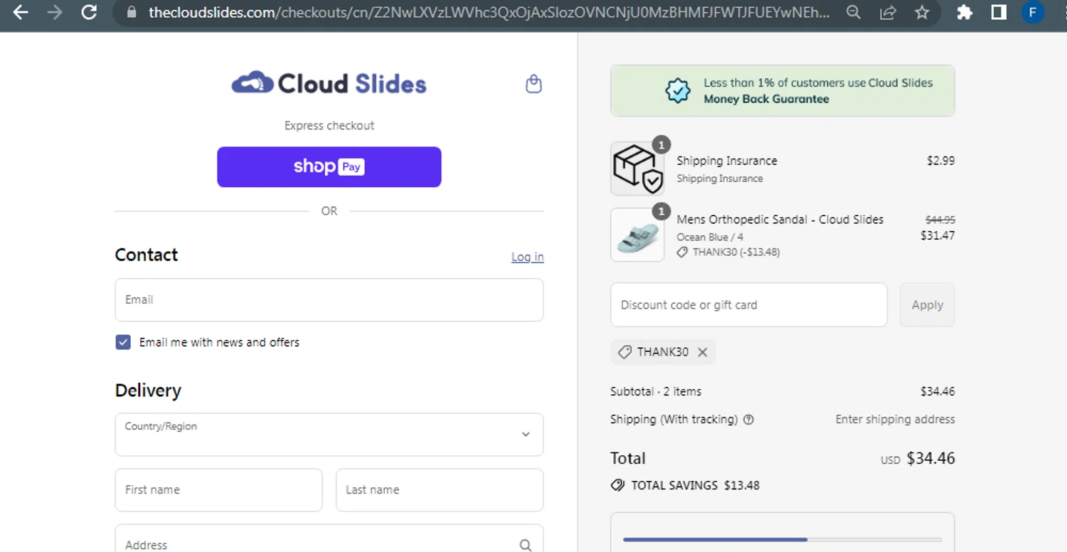 Cloud Slides discount code screenshot showing code THANK30 applied at Cloud Slides checkout page. Uploaded by SimplyCodes community member Fraimer on Jul 1, 2025