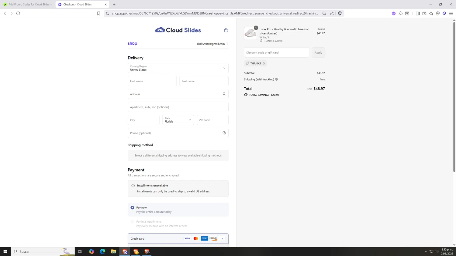 Cloud Slides discount code screenshot showing code thanks applied at Cloud Slides checkout page. Uploaded by SimplyCodes community member Hasta_El_Final on Aug 28, 2025
