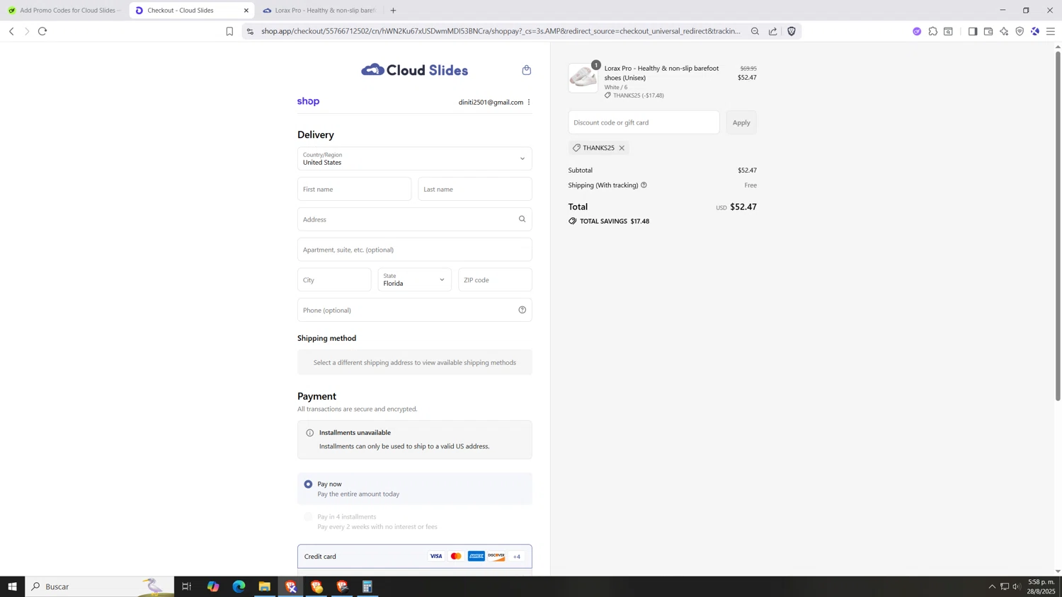 Cloud Slides discount code screenshot showing code thanks25 applied at Cloud Slides checkout page. Uploaded by SimplyCodes community member Hasta_El_Final on Aug 28, 2025