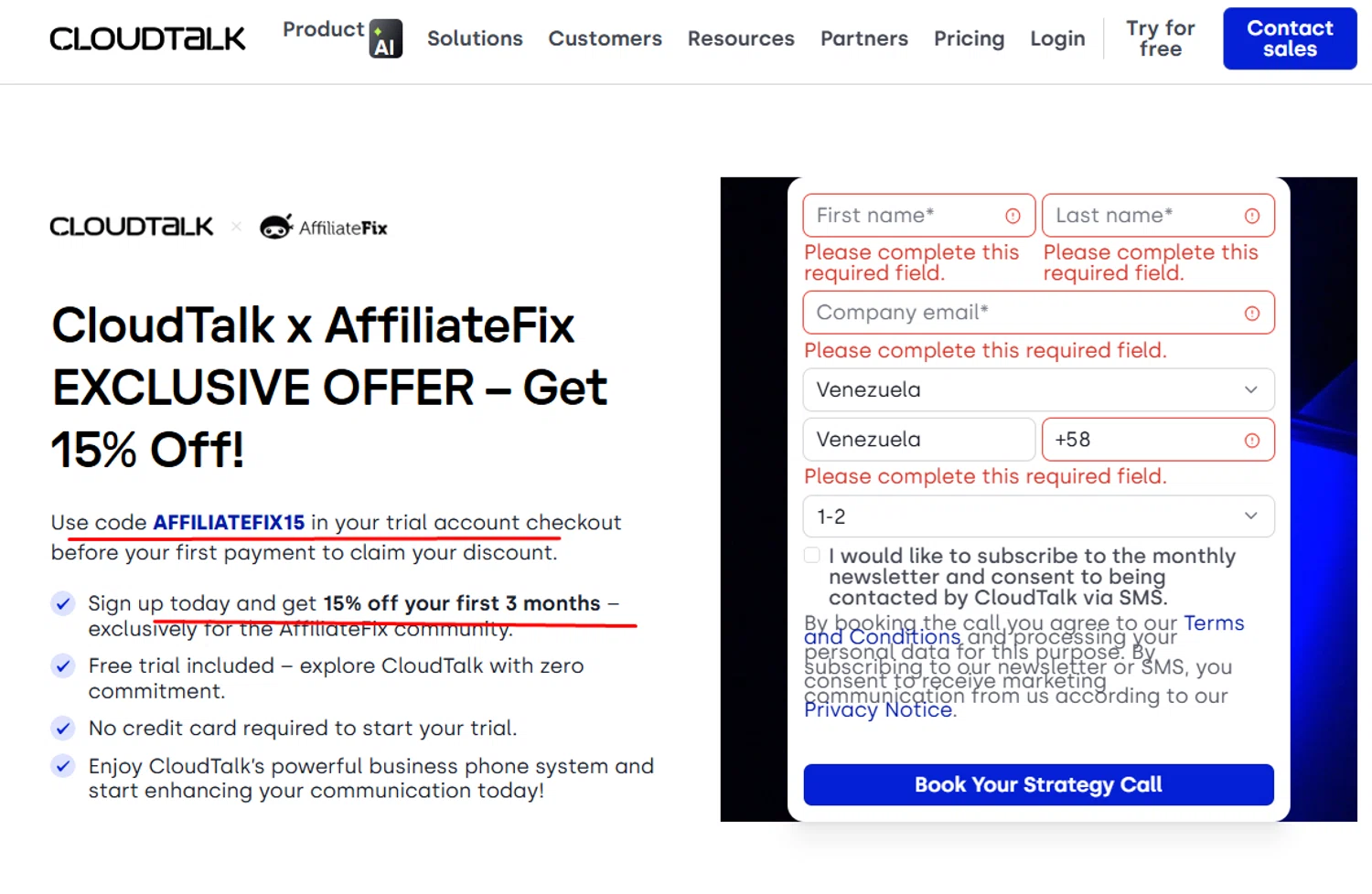 CloudTalk promo code screenshot showing code AFFILIATEFIX15 applied at CloudTalk checkout page. Uploaded by SimplyCodes community member paola49520 on Jun 4, 2026