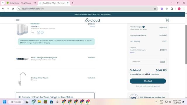 Cloud Water Filters checkout page showing Cloud Water Filters promo code box | Screenshot taken by SimplyCodes community member on Aug 23, 2025