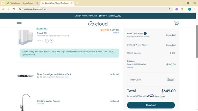 Cloud Water Filters checkout page showing Cloud Water Filters promo code box | Screenshot taken by SimplyCodes community member on Sep 30, 2025
