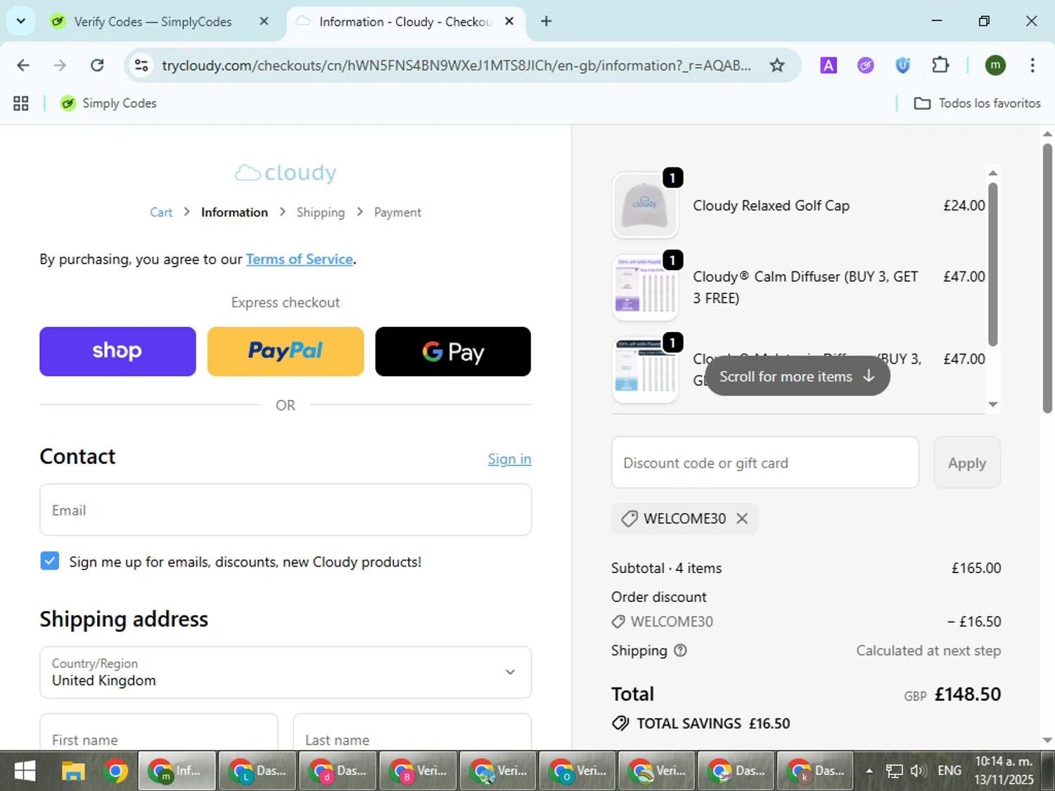 Cloudy discount code screenshot showing code WELCOME30 applied at Cloudy checkout page. Uploaded by SimplyCodes community member VoucherCollector9196 on Nov 13, 2025