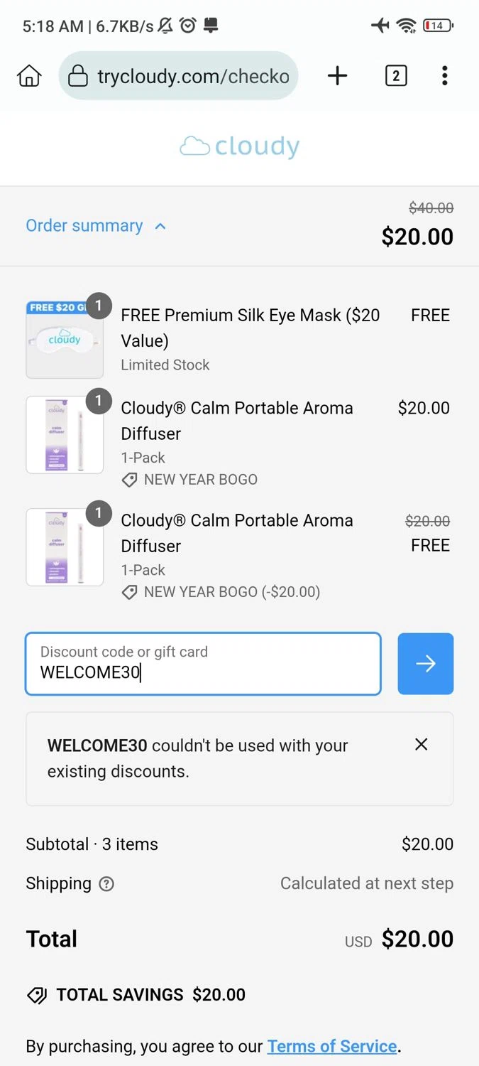 Cloudy discount code screenshot showing code WELCOME30 applied at Cloudy checkout page. Uploaded by SimplyCodes community member GoldAdmiral5202 on Feb 7, 2025