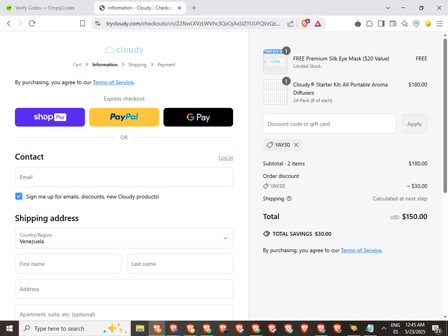 Cloudy discount code screenshot showing code YAY30 applied at Cloudy checkout page. Uploaded by SimplyCodes community member QuestWarden1268 on May 23, 2025