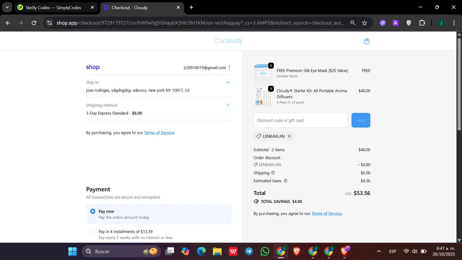 Cloudy discount code screenshot showing code LENKAVLAN applied at Cloudy checkout page. Uploaded by SimplyCodes community member hanzell03 on Oct 26, 2025