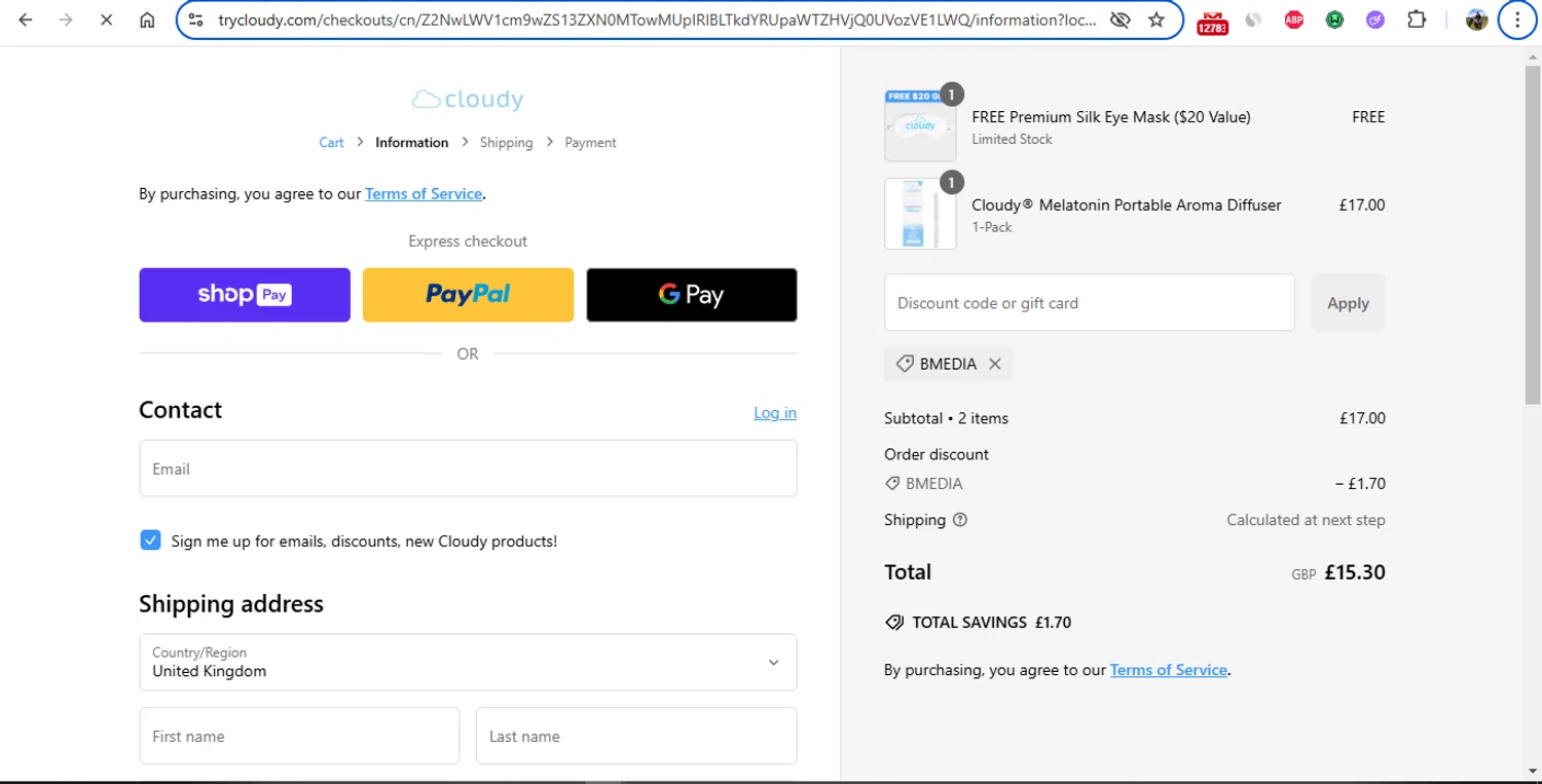 Cloudy discount code screenshot showing code Bmedia applied at Cloudy checkout page. Uploaded by SimplyCodes community member gonzalodamole on Jan 13, 2025