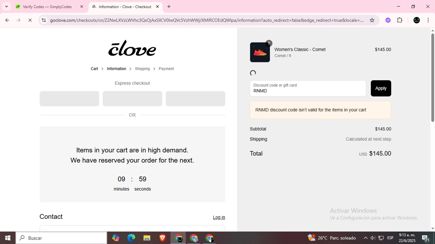 Clove discount code screenshot showing code RNMD applied at Clove checkout page. Uploaded by SimplyCodes community member BargainWizard5755 on Jun 22, 2025