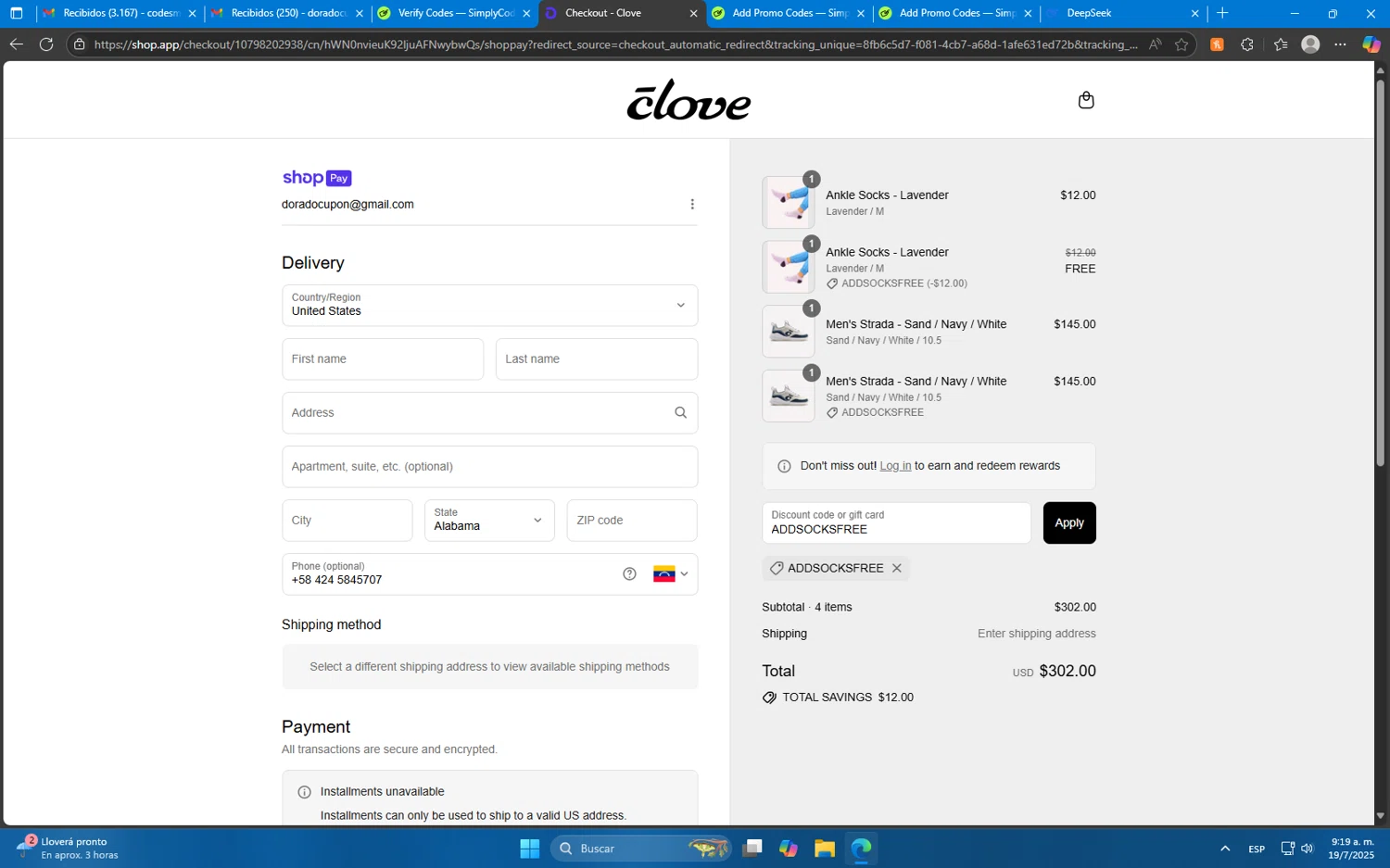 Clove discount code screenshot showing code ADDSOCKSFREE applied at Clove checkout page. Uploaded by SimplyCodes community member Mdeoca on Jul 19, 2025