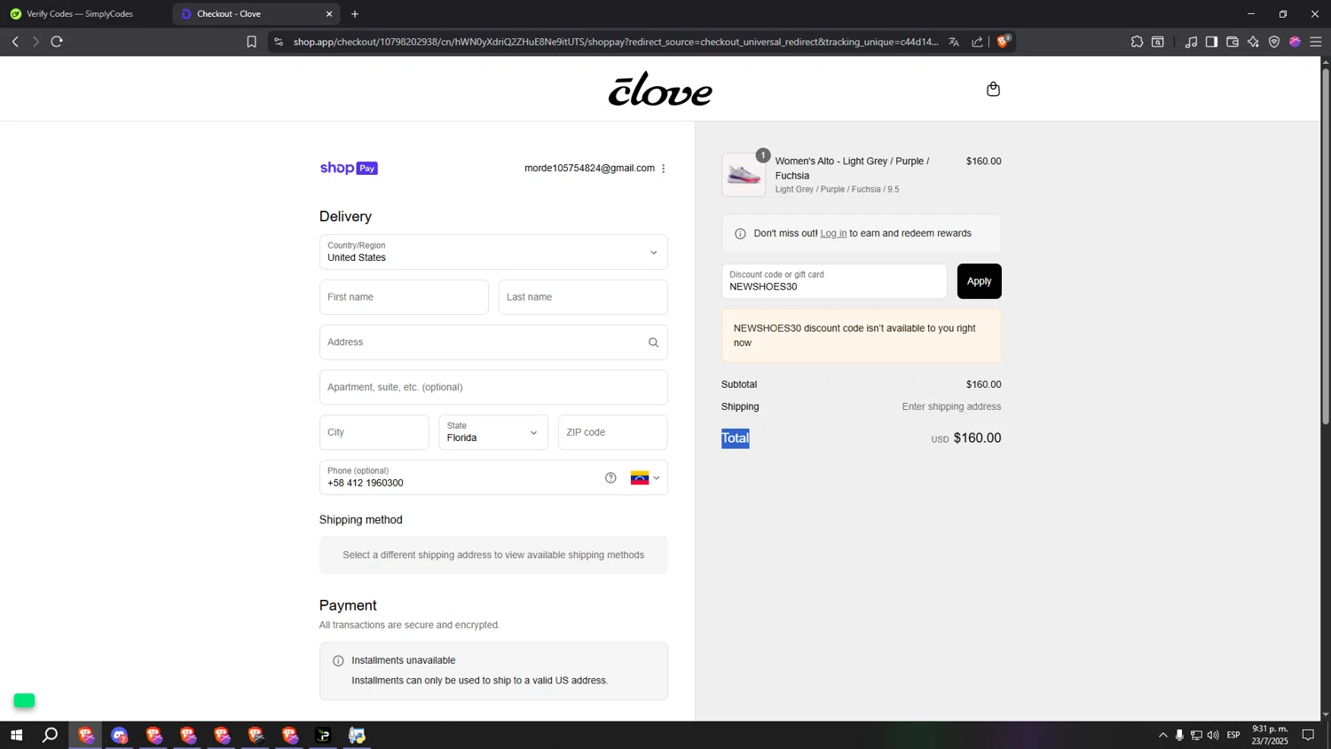 Clove discount code screenshot showing code NEWSHOES30 applied at Clove checkout page. Uploaded by SimplyCodes community member SpeeDFast on Jul 24, 2025