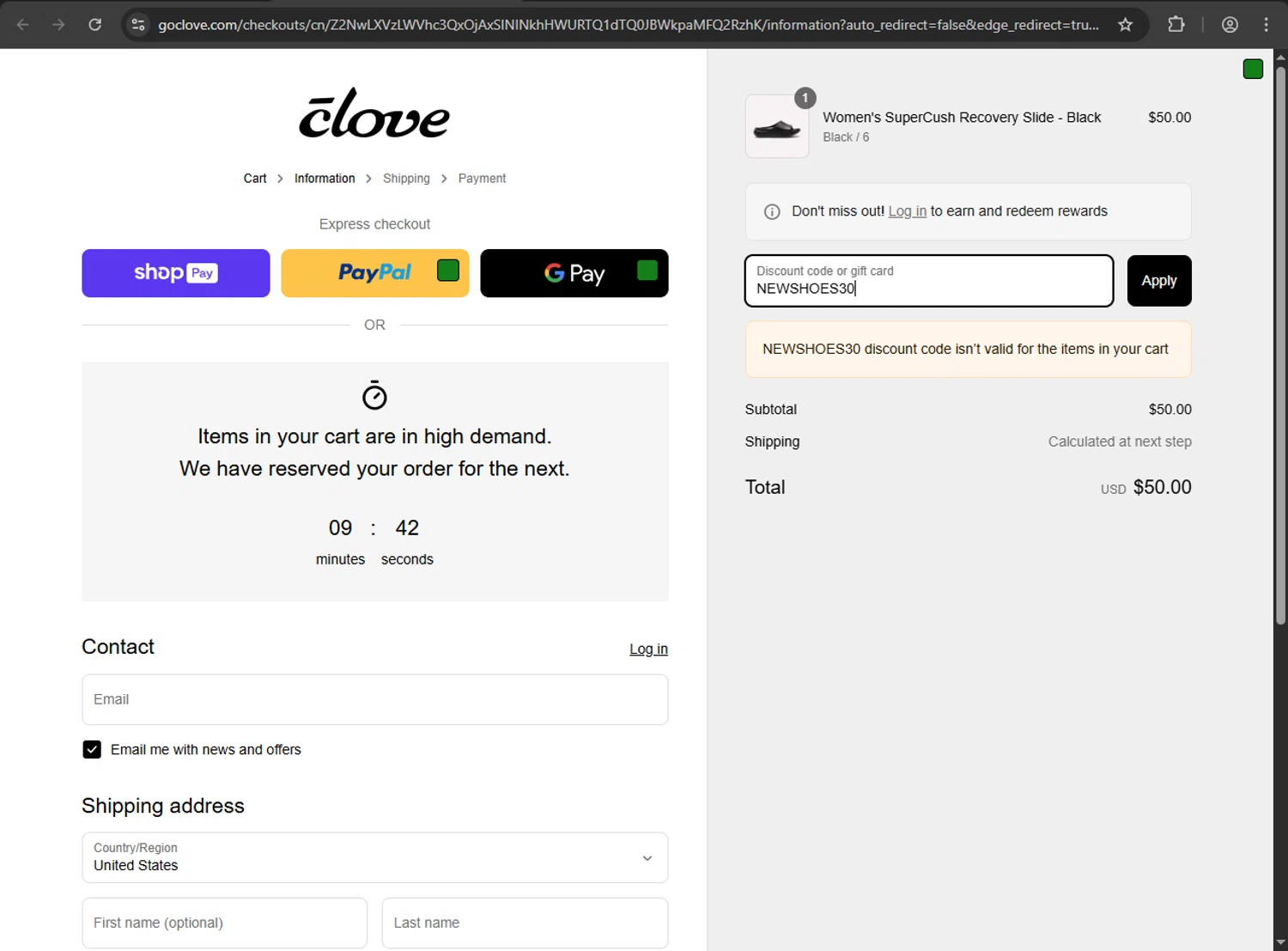 Clove discount code screenshot showing code NEWSHOES30 applied at Clove checkout page. Uploaded by SimplyCodes community member kaiserser on Apr 23, 2025