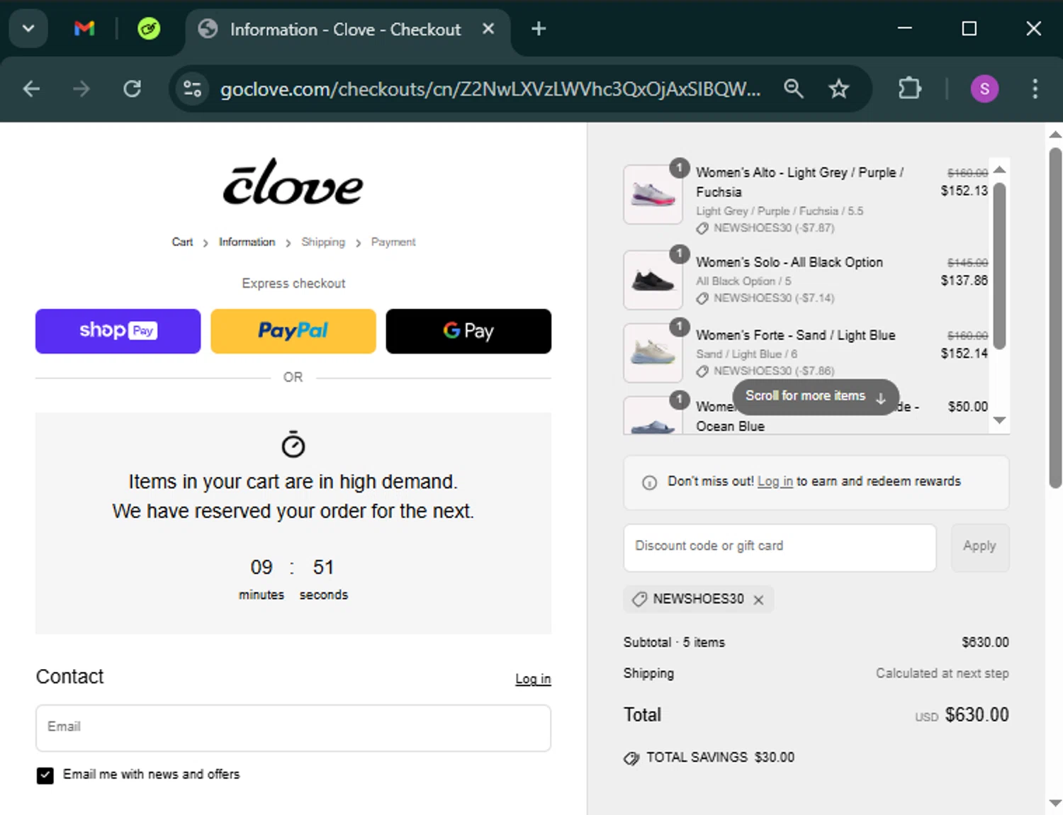 Clove discount code screenshot showing code NEWSHOES30 applied at Clove checkout page. Uploaded by SimplyCodes community member tinkle_tinkle on Mar 19, 2025