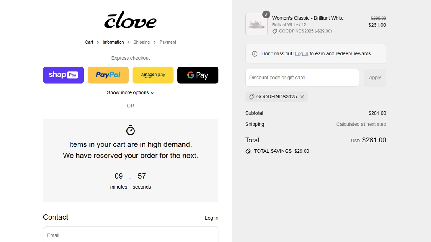 Clove discount code screenshot showing code GOODFINDS2025 applied at Clove checkout page. Uploaded by SimplyCodes community member VictoriousFinder8211 on Jul 24, 2025