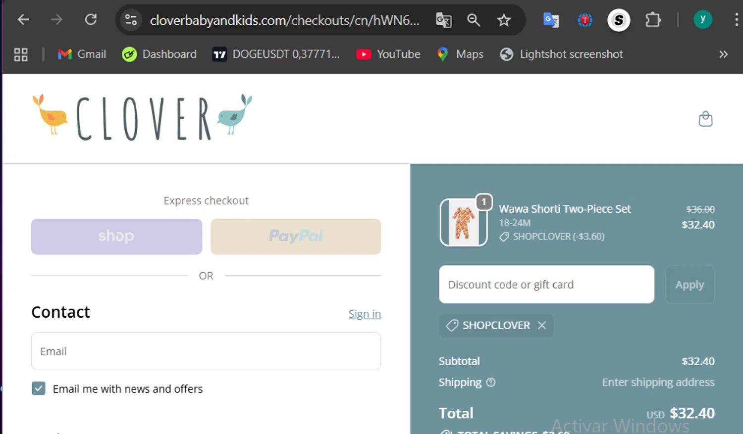 Clover Baby & Kids promo code screenshot showing code SHOPCLOVER applied at Clover Baby & Kids checkout page. Uploaded by SimplyCodes community member 502312 on Dec 7, 2025