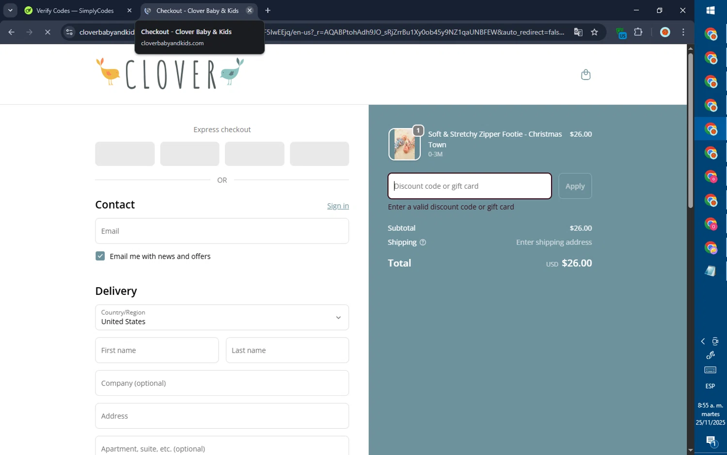 Clover Baby & Kids promo code screenshot showing code SAVE10 applied at Clover Baby & Kids checkout page. Uploaded by SimplyCodes community member GoldPilot5958 on Nov 25, 2025