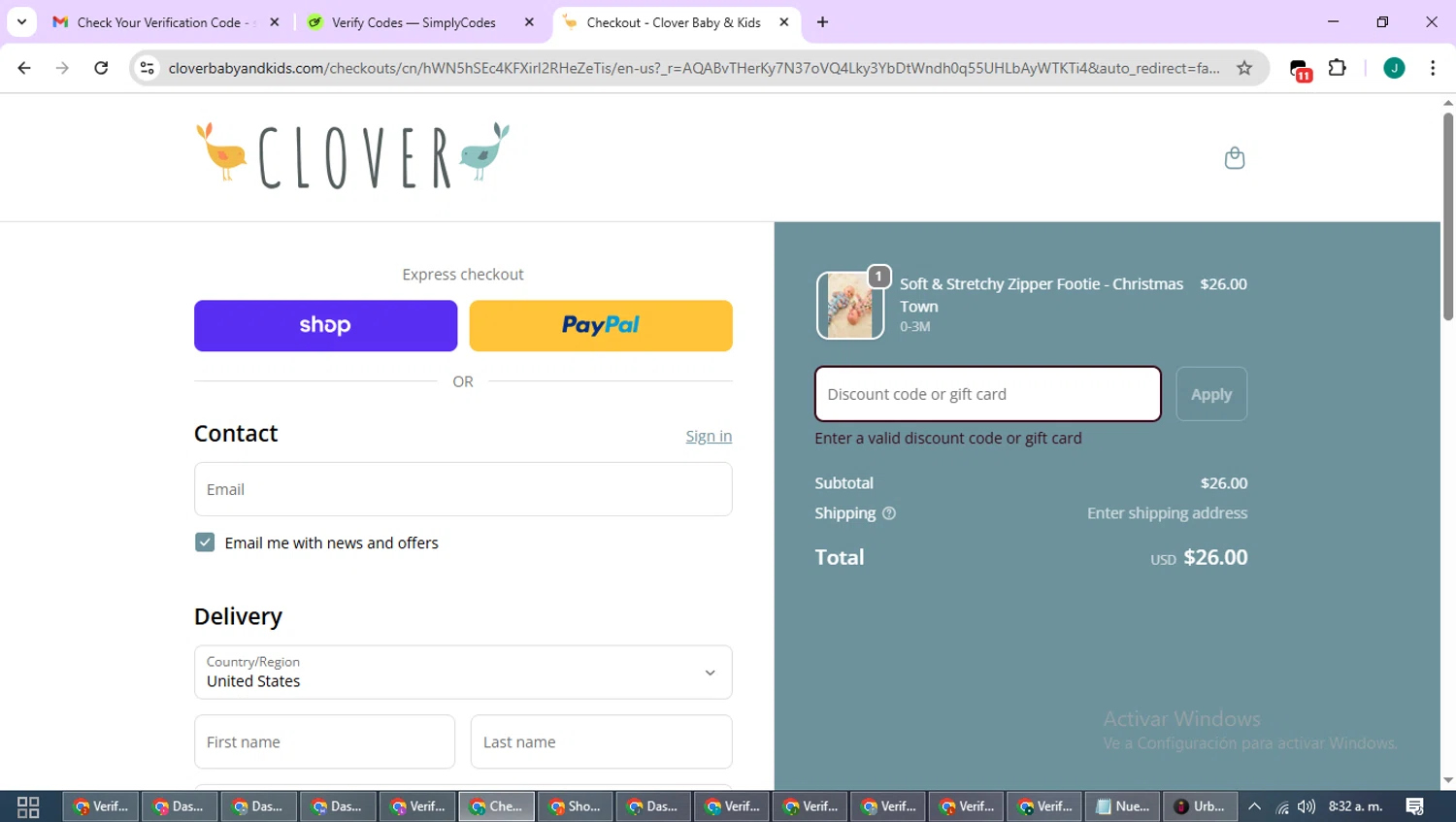 Clover Baby & Kids promo code screenshot showing code SAVE10 applied at Clover Baby & Kids checkout page. Uploaded by SimplyCodes community member SavvyCurator1770 on Nov 25, 2025
