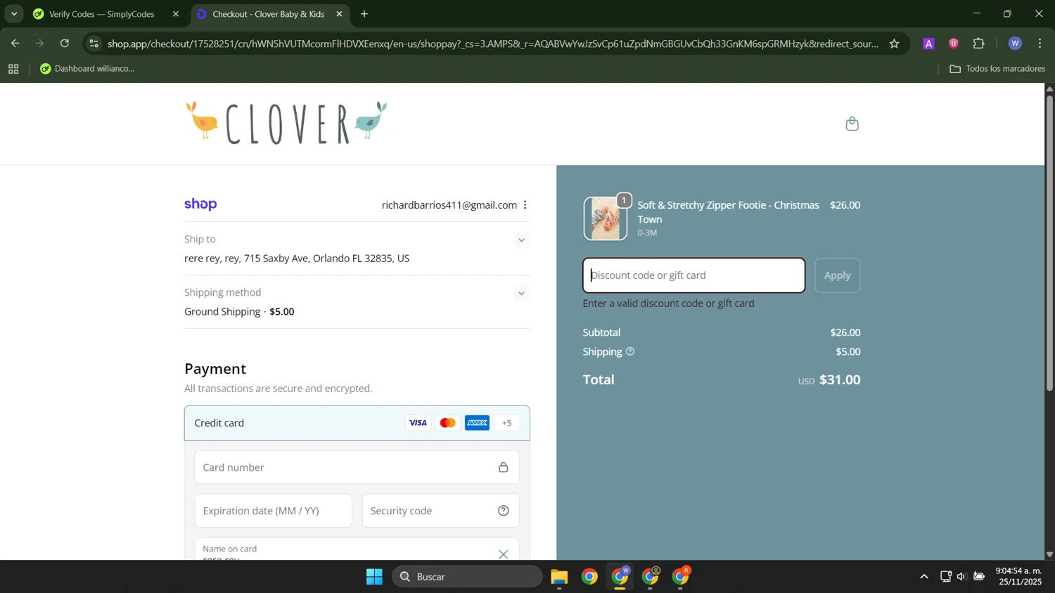 Clover Baby & Kids promo code screenshot showing code SAVE10 applied at Clover Baby & Kids checkout page. Uploaded by SimplyCodes community member ThriftyTracker446 on Nov 25, 2025
