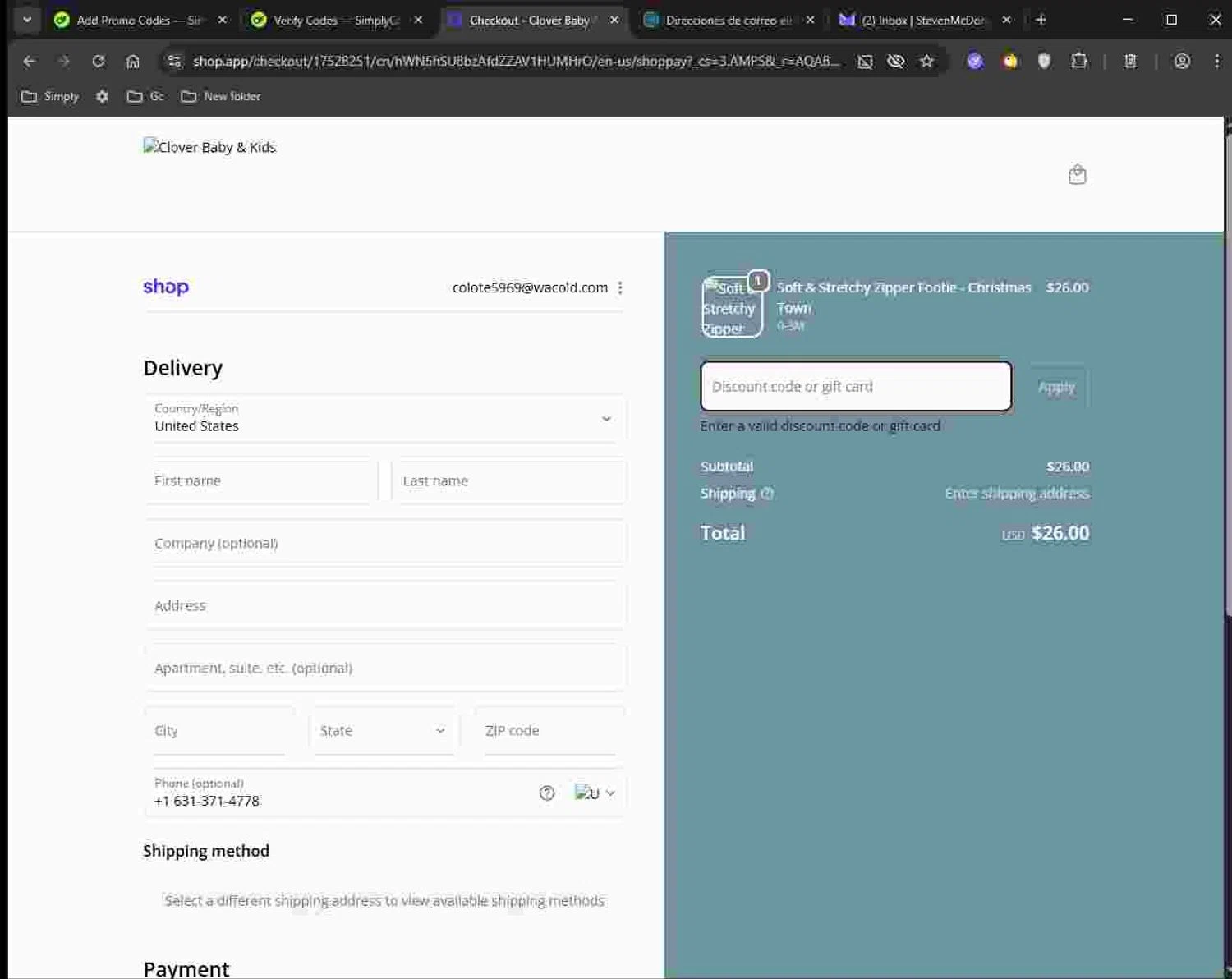 Clover Baby & Kids promo code screenshot showing code shopclover applied at Clover Baby & Kids checkout page. Uploaded by SimplyCodes community member Deadpool on Nov 25, 2025