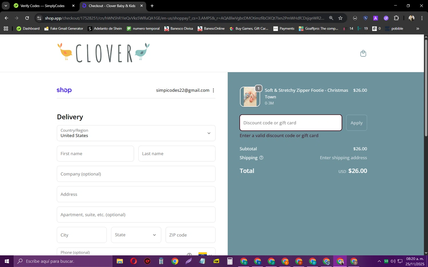 Clover Baby & Kids promo code screenshot showing code shopclover applied at Clover Baby & Kids checkout page. Uploaded by SimplyCodes community member jeysosmoore on Nov 25, 2025