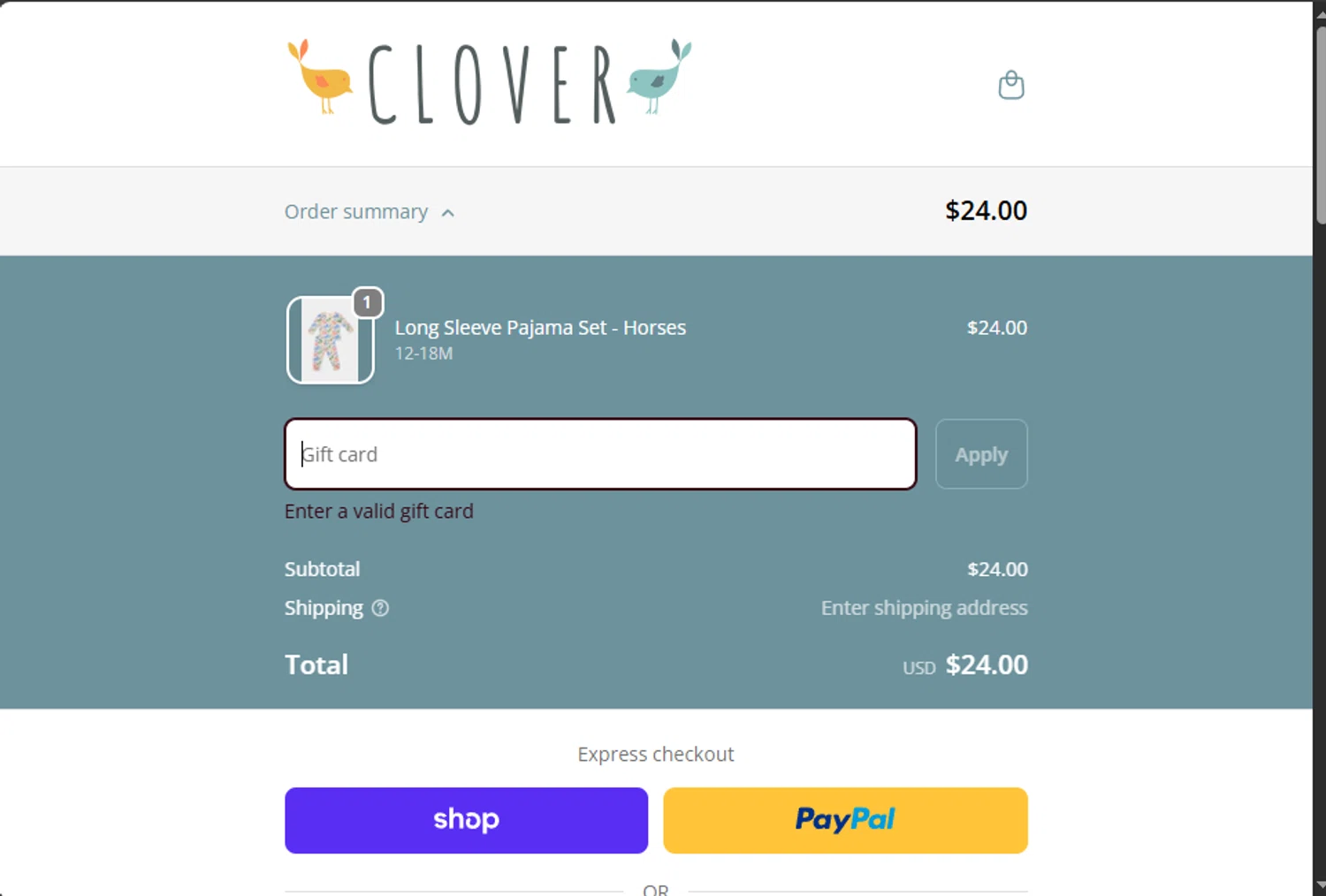 Clover Baby & Kids promo code screenshot showing code LOVECLOVER applied at Clover Baby & Kids checkout page. Uploaded by SimplyCodes community member jupitera on Nov 20, 2025