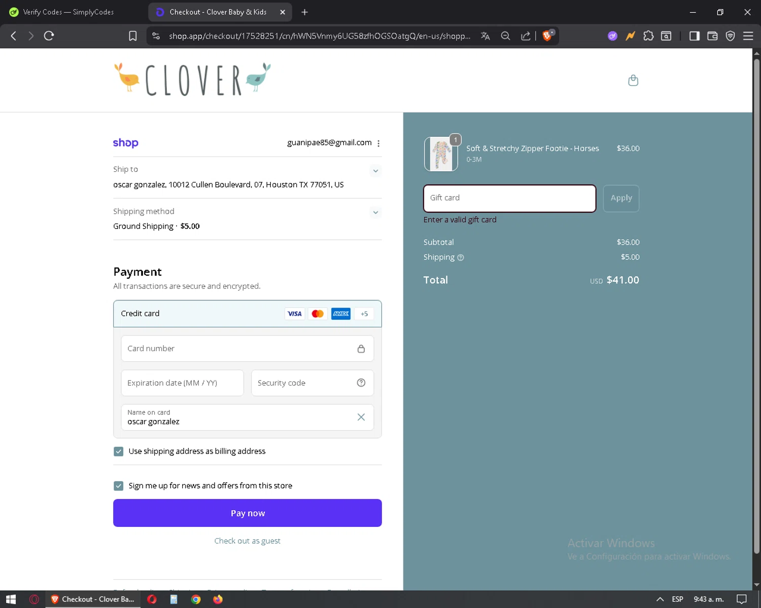 Clover Baby & Kids promo code screenshot showing code LOVECLOVER applied at Clover Baby & Kids checkout page. Uploaded by SimplyCodes community member mixelis on Nov 20, 2025