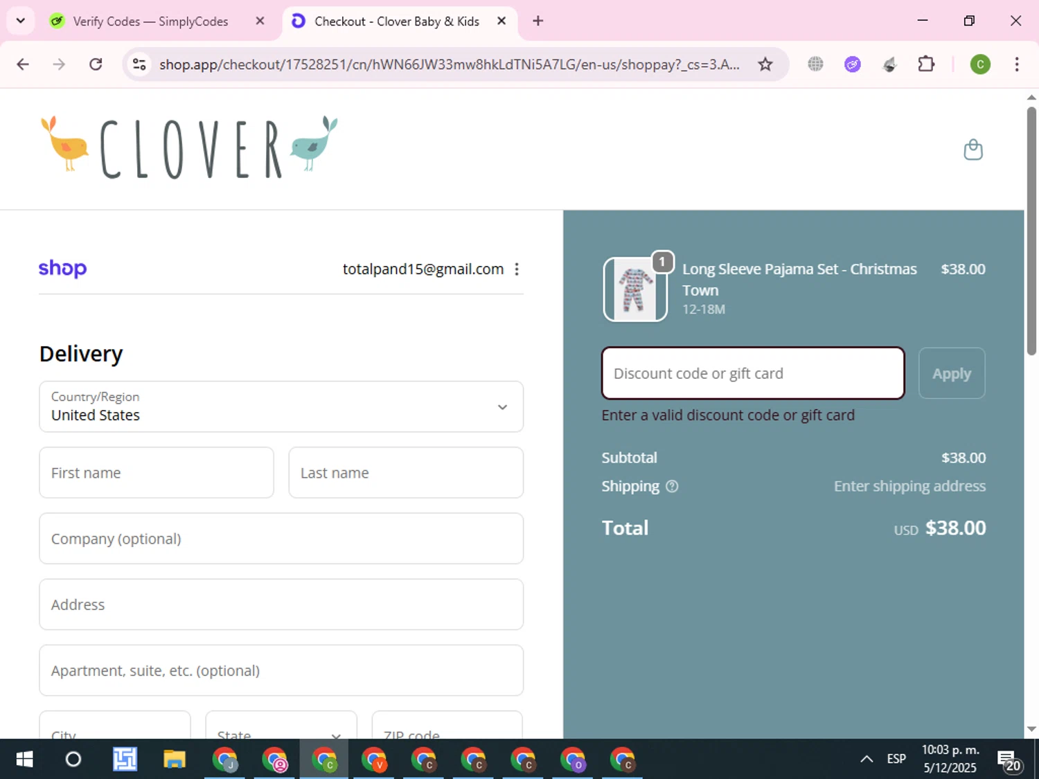 Clover Baby & Kids promo code screenshot showing code HONESTCRAVINGS applied at Clover Baby & Kids checkout page. Uploaded by SimplyCodes community member RoyalKnight4673 on Dec 6, 2025