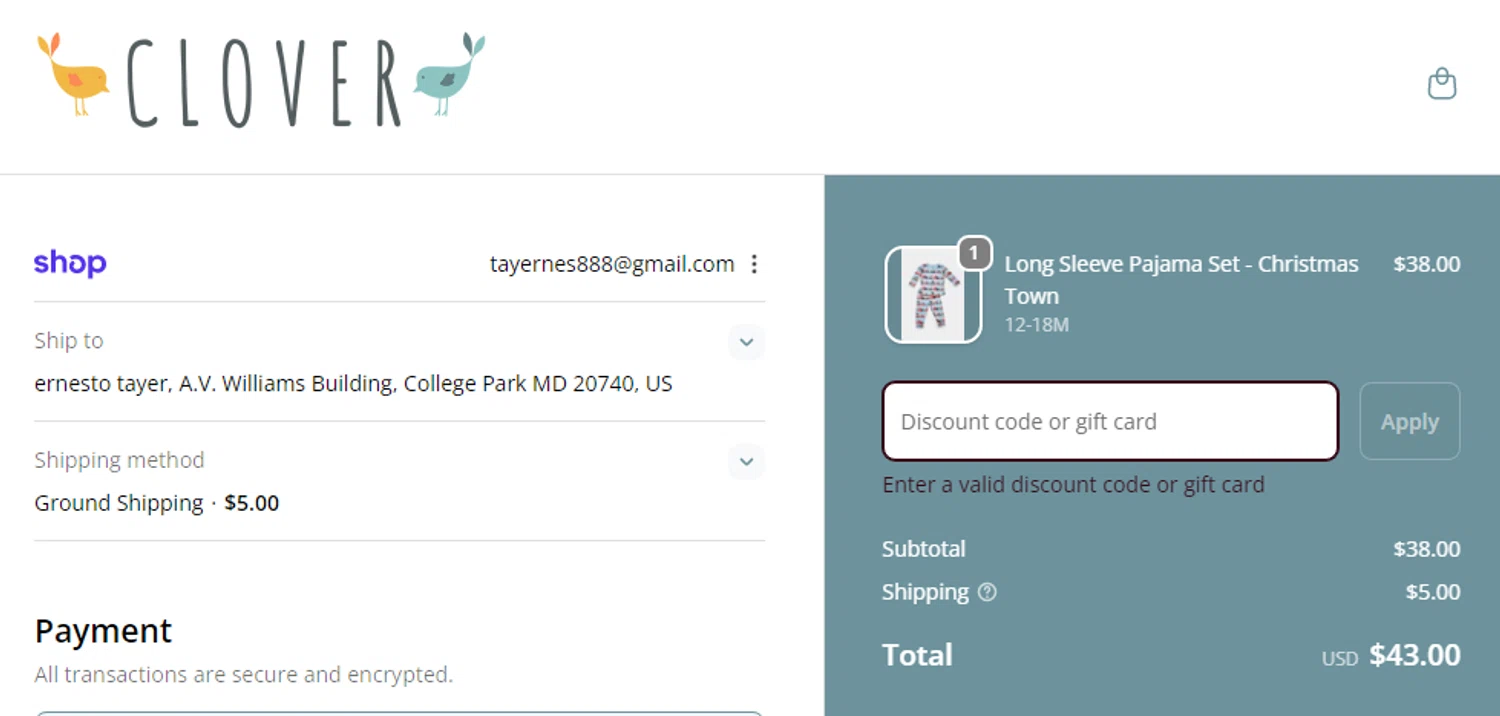 Clover Baby & Kids promo code screenshot showing code HONESTCRAVINGS applied at Clover Baby & Kids checkout page. Uploaded by SimplyCodes community member moyedosky on Dec 6, 2025