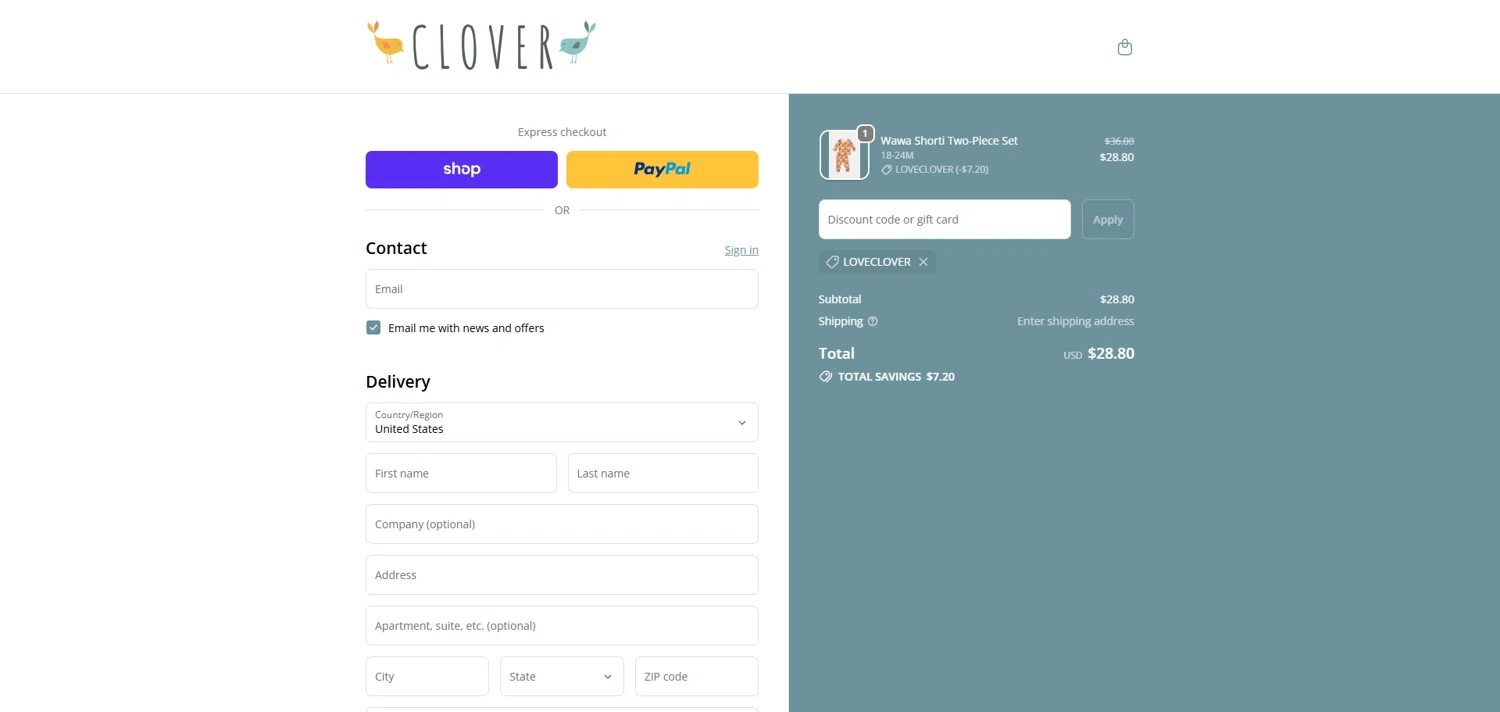 Clover Baby & Kids promo code screenshot showing code LOVECLOVER applied at Clover Baby & Kids checkout page. Uploaded by SimplyCodes community member ivantorres on Dec 7, 2025