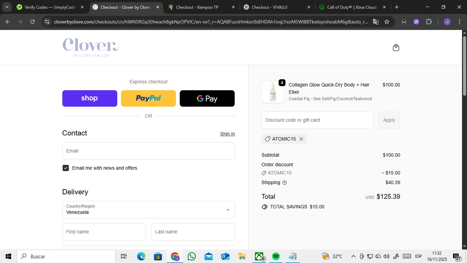 Clover by CLOVE + HALLOW promo code screenshot showing code Atomic15 applied at Clover by CLOVE + HALLOW checkout page. Uploaded by SimplyCodes community member ENCARAMESSI on Nov 18, 2025