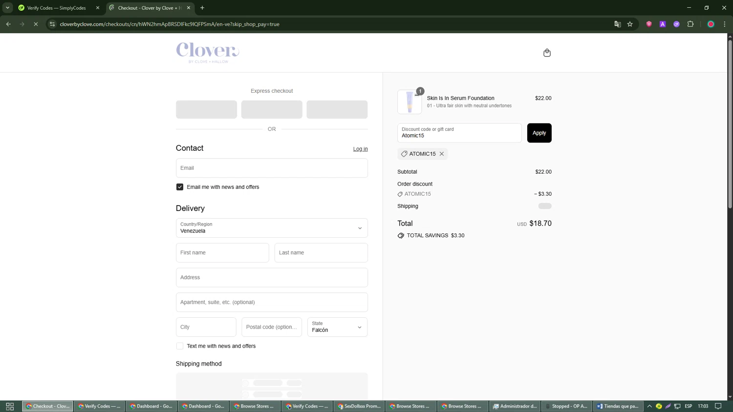 Clover by CLOVE + HALLOW promo code screenshot showing code Atomic15 applied at Clover by CLOVE + HALLOW checkout page. Uploaded by SimplyCodes community member Robert_Williams on Sep 7, 2025