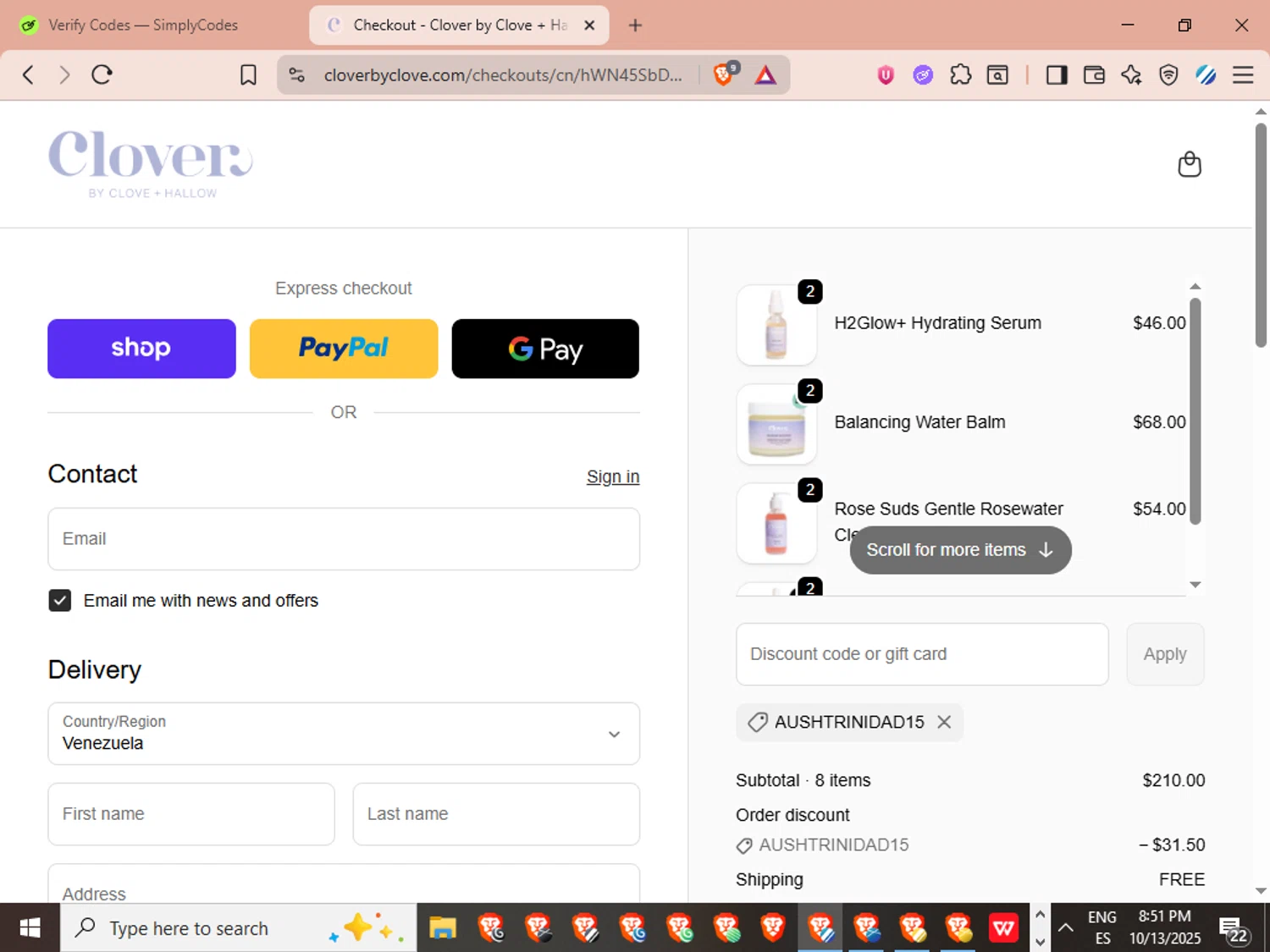 Clover by CLOVE + HALLOW promo code screenshot showing code AUSHTRINIDAD15 applied at Clover by CLOVE + HALLOW checkout page. Uploaded by SimplyCodes community member LuckyVoyager329 on Oct 14, 2025