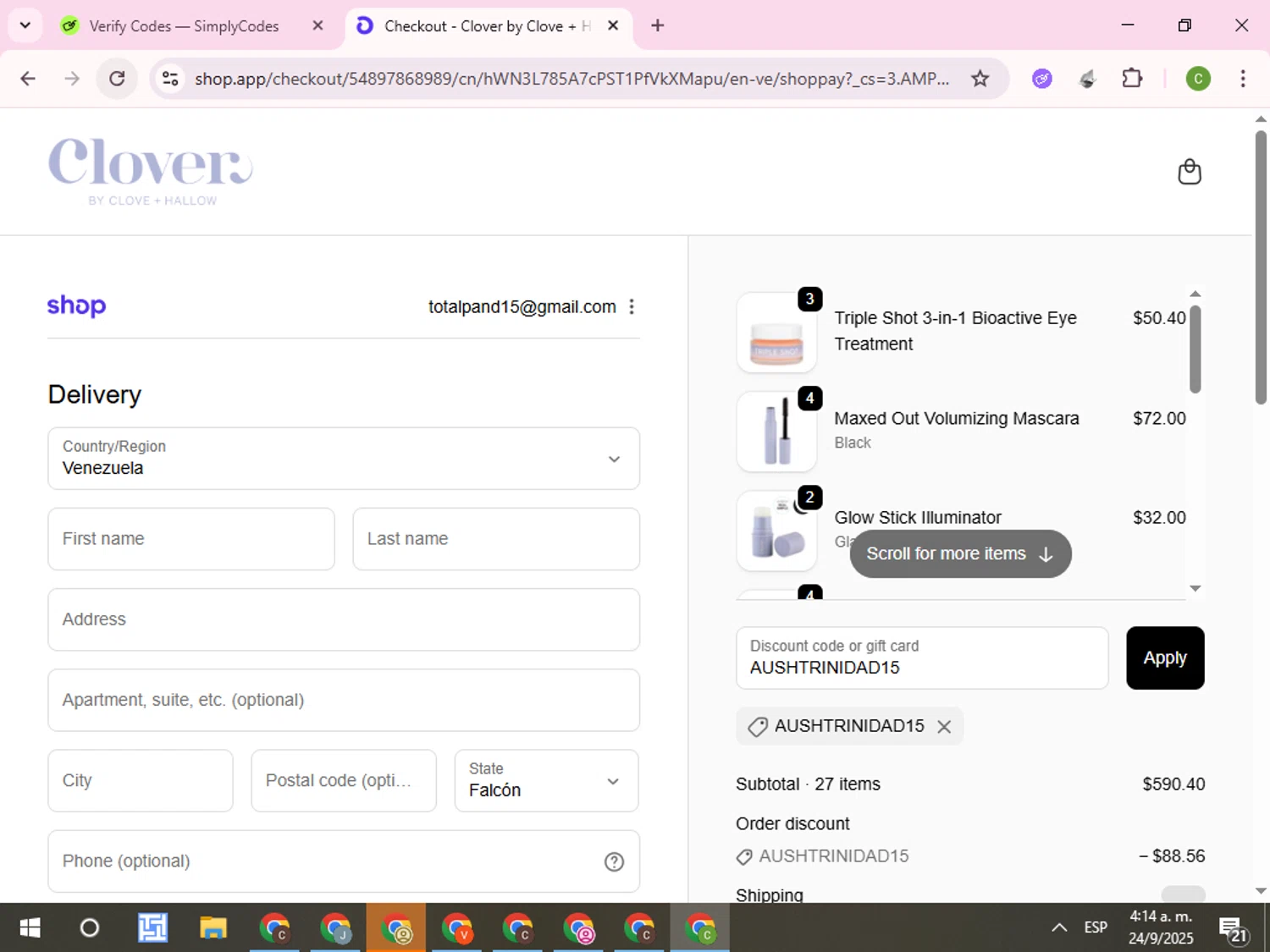 Clover by CLOVE + HALLOW promo code screenshot showing code AUSHTRINIDAD15 applied at Clover by CLOVE + HALLOW checkout page. Uploaded by SimplyCodes community member RoyalKnight4673 on Sep 24, 2025