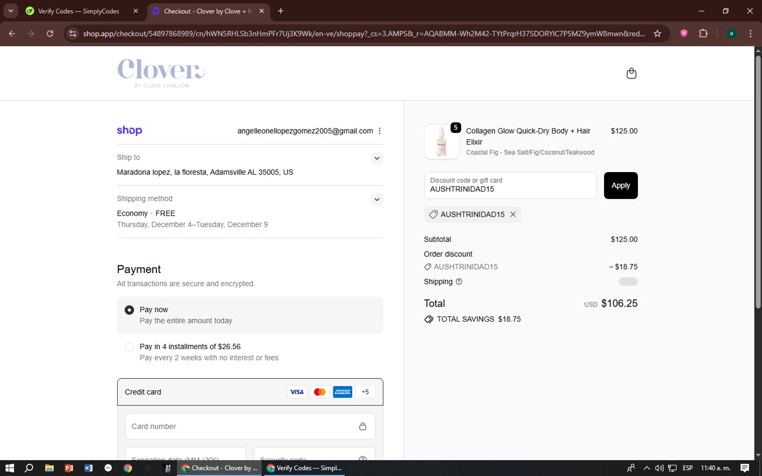 Clover by CLOVE + HALLOW promo code screenshot showing code AUSHTRINIDAD15 applied at Clover by CLOVE + HALLOW checkout page. Uploaded by SimplyCodes community member zizu55 on Nov 18, 2025