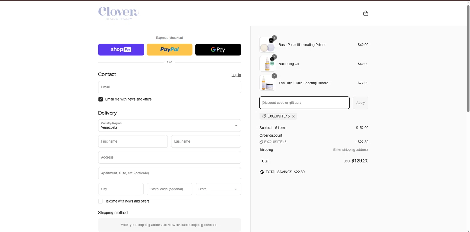 Clover by CLOVE + HALLOW promo code screenshot showing code Exquisite15 applied at Clover by CLOVE + HALLOW checkout page. Uploaded by SimplyCodes community member Underaiki on Mar 21, 2025