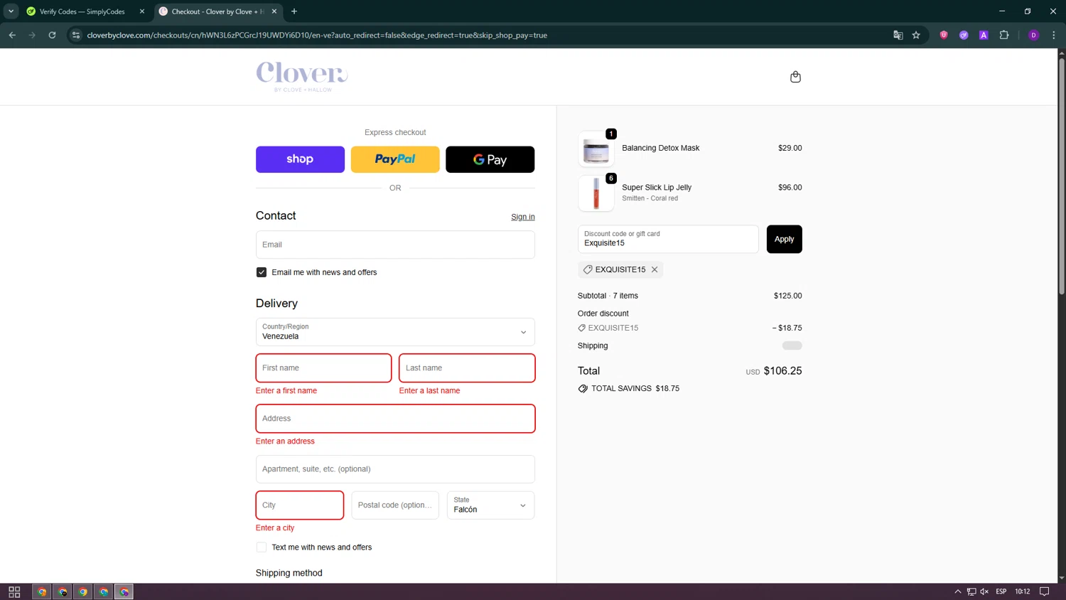 Clover by CLOVE + HALLOW promo code screenshot showing code Exquisite15 applied at Clover by CLOVE + HALLOW checkout page. Uploaded by SimplyCodes community member ValueWhiz5630 on Sep 24, 2025