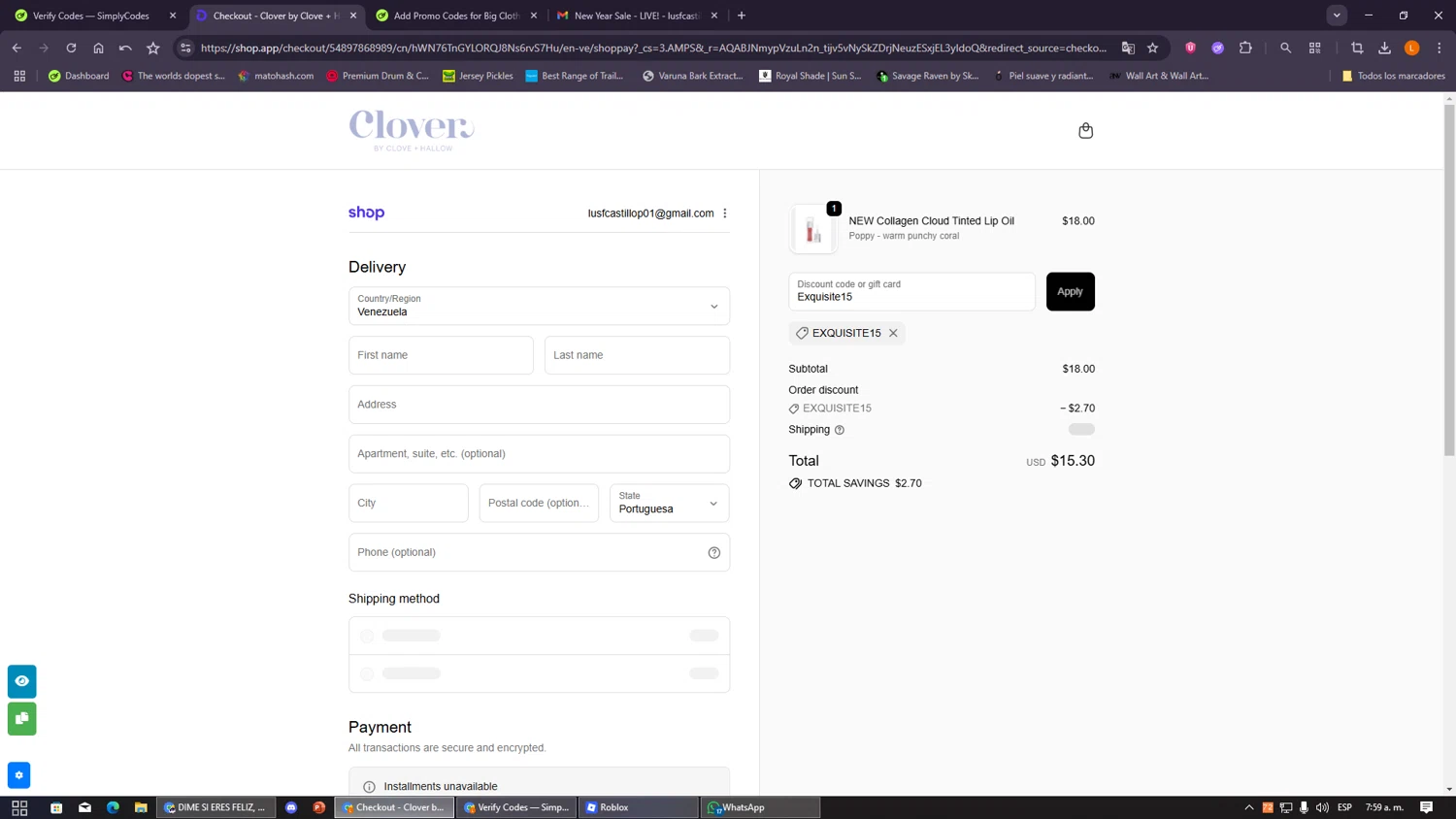 Clover by CLOVE + HALLOW promo code screenshot showing code Exquisite15 applied at Clover by CLOVE + HALLOW checkout page. Uploaded by SimplyCodes community member VayneChambeadora on Jan 1, 2026