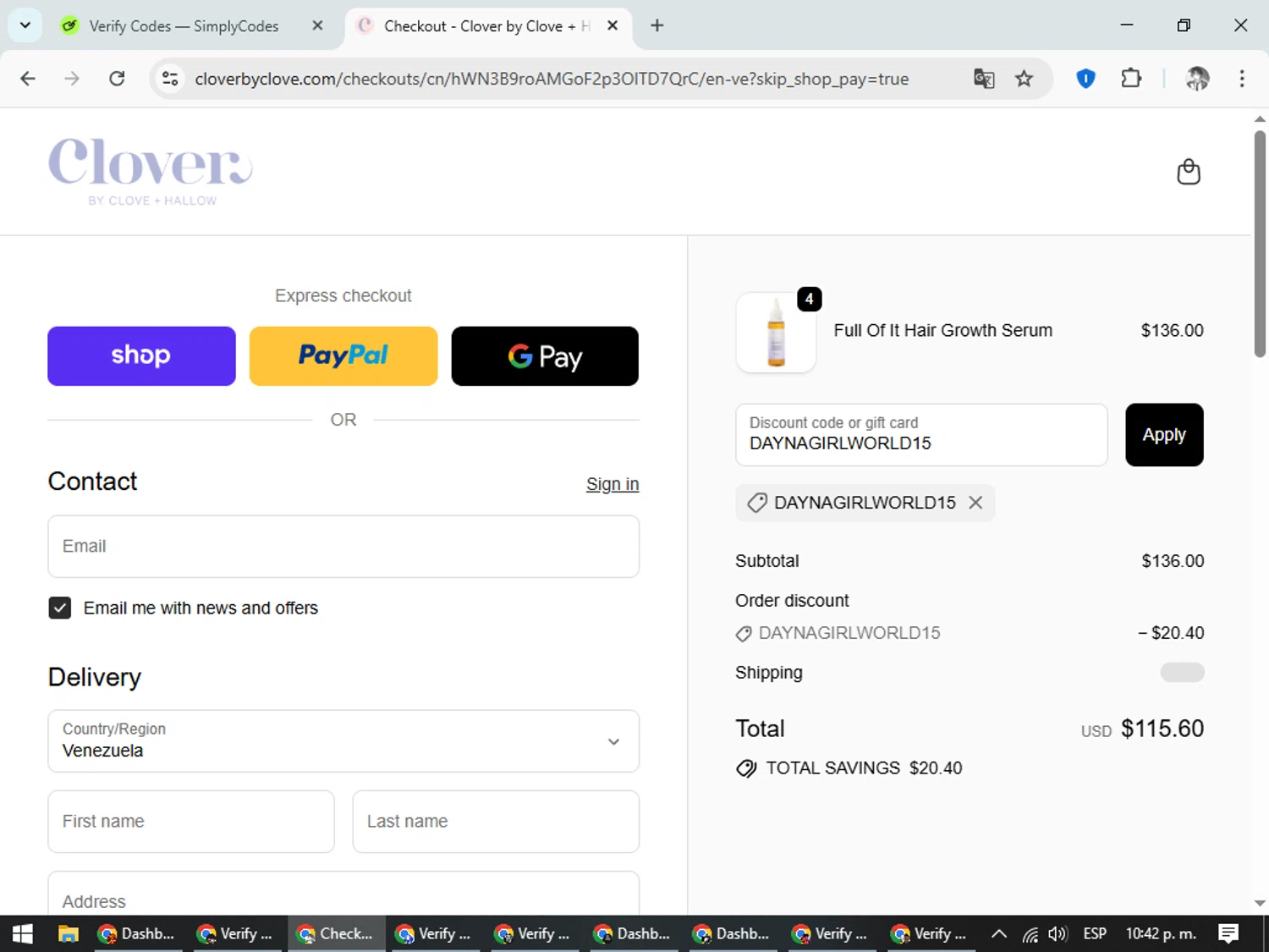 Clover by CLOVE + HALLOW promo code screenshot showing code DAYNAGIRLWORLD15 applied at Clover by CLOVE + HALLOW checkout page. Uploaded by SimplyCodes community member CleverLegend6607 on Sep 20, 2025
