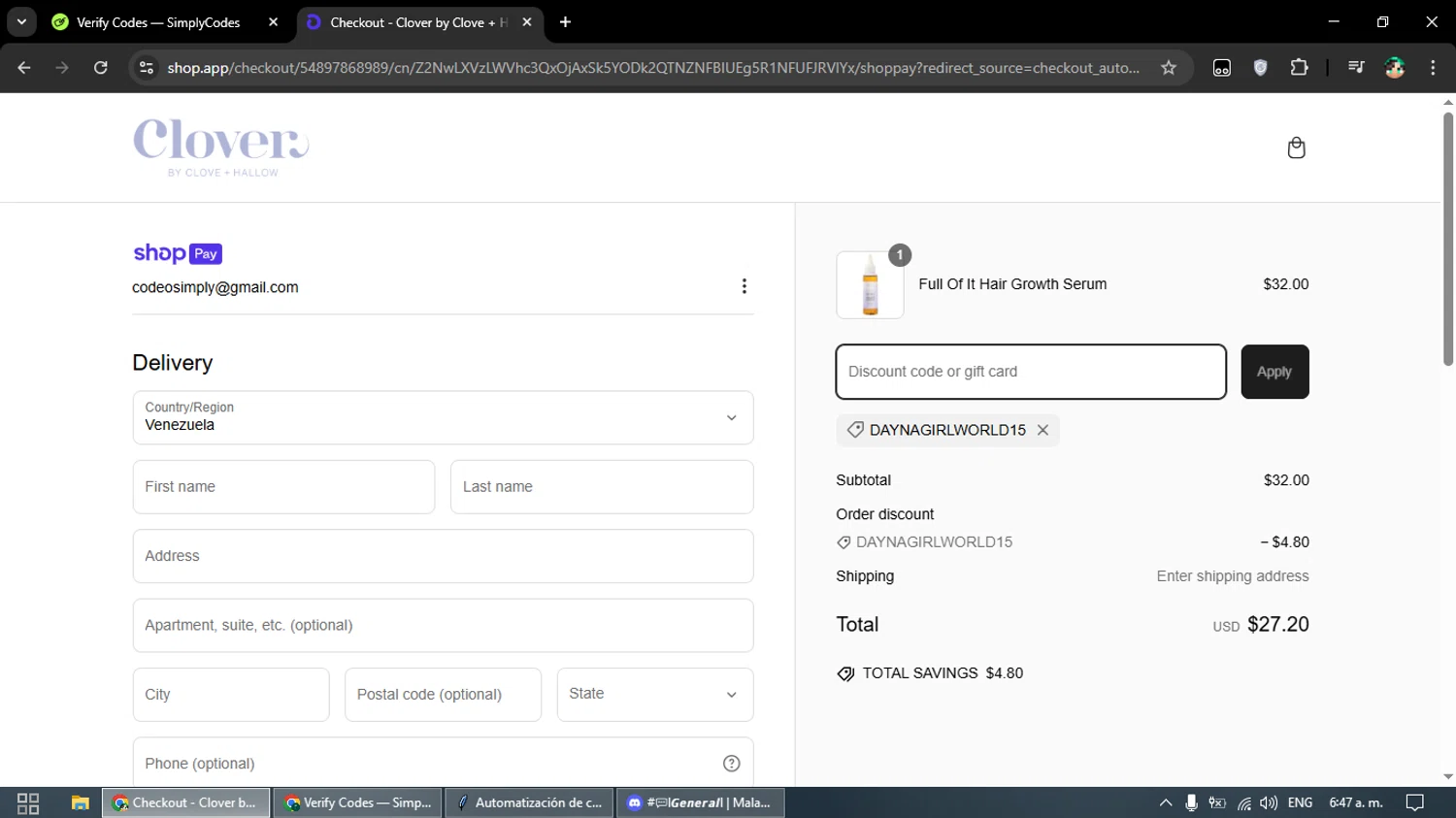 Clover by CLOVE + HALLOW promo code screenshot showing code DAYNAGIRLWORLD15 applied at Clover by CLOVE + HALLOW checkout page. Uploaded by SimplyCodes community member franalepe on Mar 9, 2025