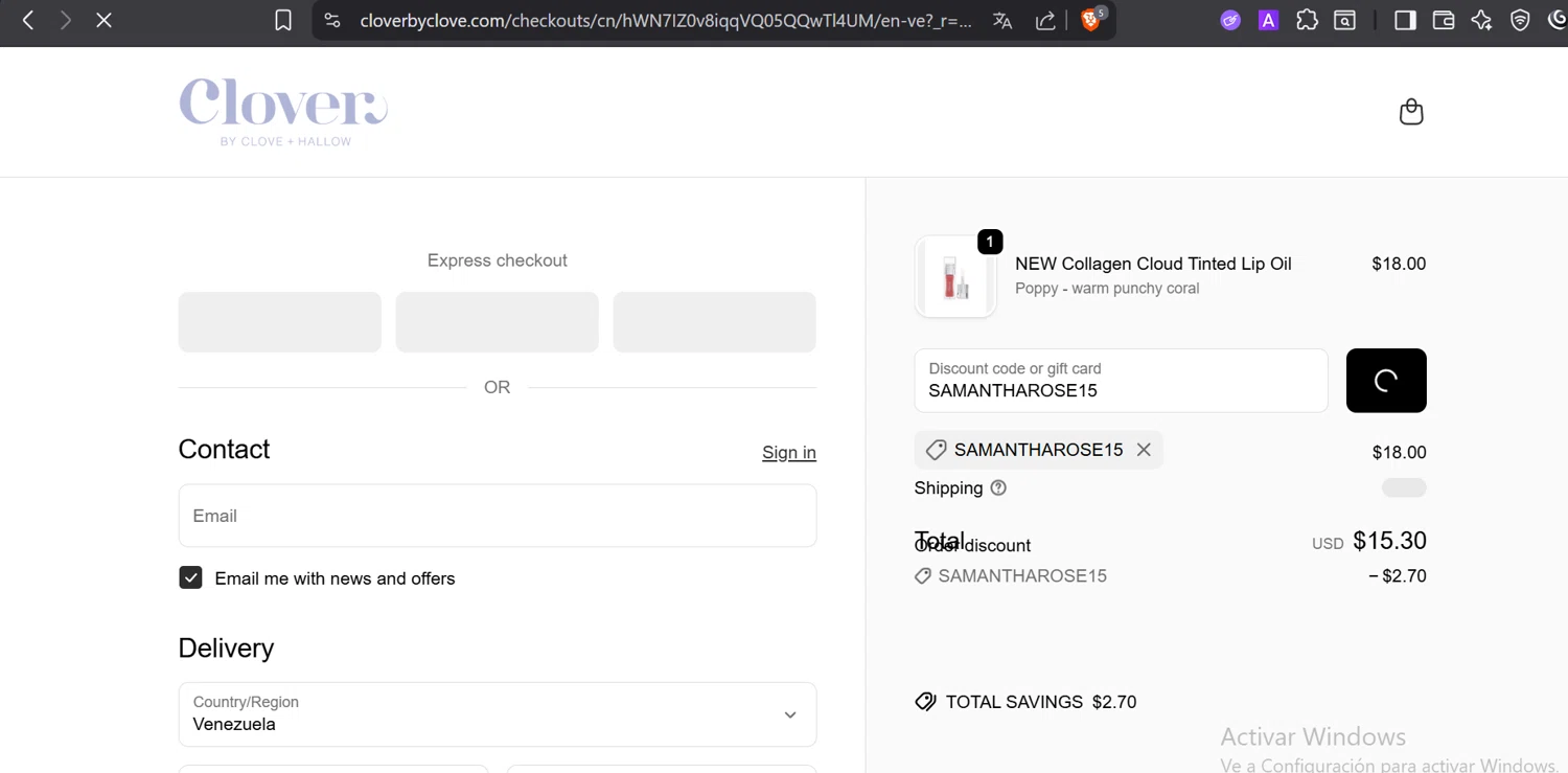 Clover by CLOVE + HALLOW checkout page showing Clover by CLOVE + HALLOW promo code box | Screenshot taken by SimplyCodes community member on Jan 6, 2026