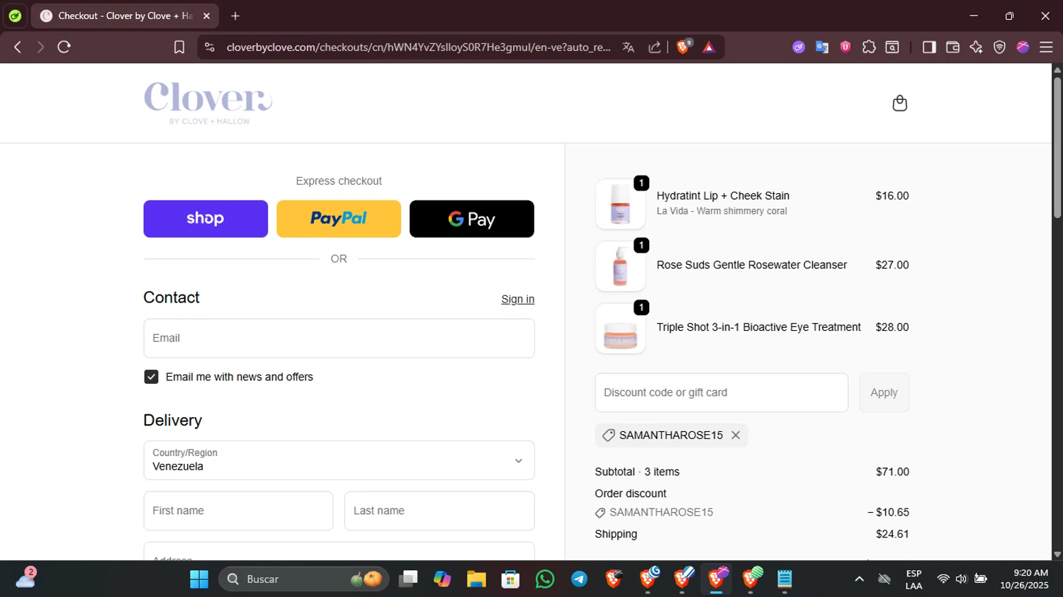 Clover by CLOVE + HALLOW promo code screenshot showing code SAMANTHAROSE15 applied at Clover by CLOVE + HALLOW checkout page. Uploaded by SimplyCodes community member PennyMaverick9741 on Oct 26, 2025