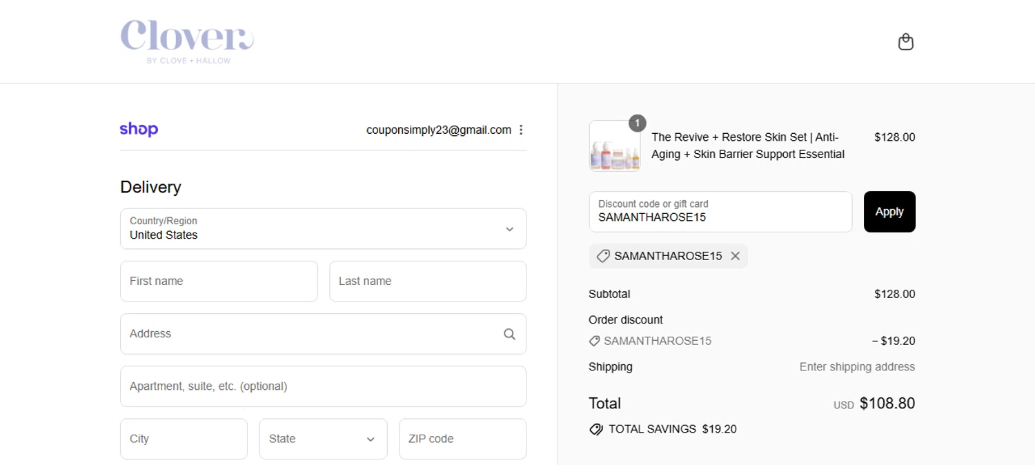 Clover by CLOVE + HALLOW promo code screenshot showing code SAMANTHAROSE15 applied at Clover by CLOVE + HALLOW checkout page. Uploaded by SimplyCodes community member Vanecobyuv on Sep 15, 2025