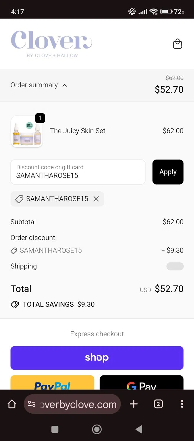 Clover by CLOVE + HALLOW promo code screenshot showing code SAMANTHAROSE15 applied at Clover by CLOVE + HALLOW checkout page. Uploaded by SimplyCodes community member carlacabrera1 on Sep 24, 2025