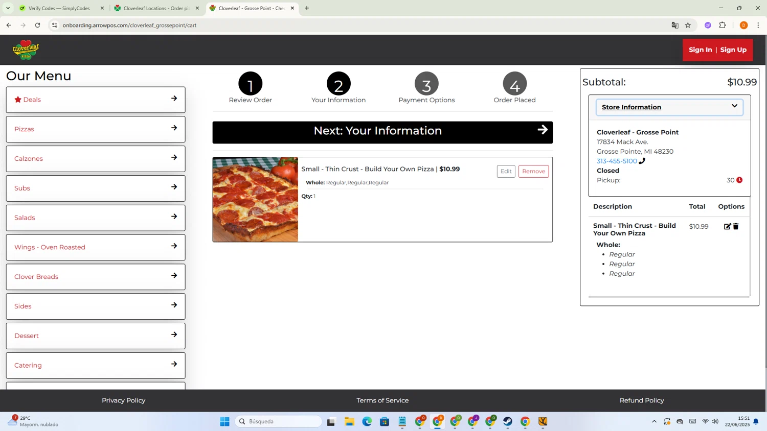 Cloverleaf Pizza coupon code screenshot showing code online applied at Cloverleaf Pizza checkout page. Uploaded by SimplyCodes community member Dayana21 on Jun 22, 2025