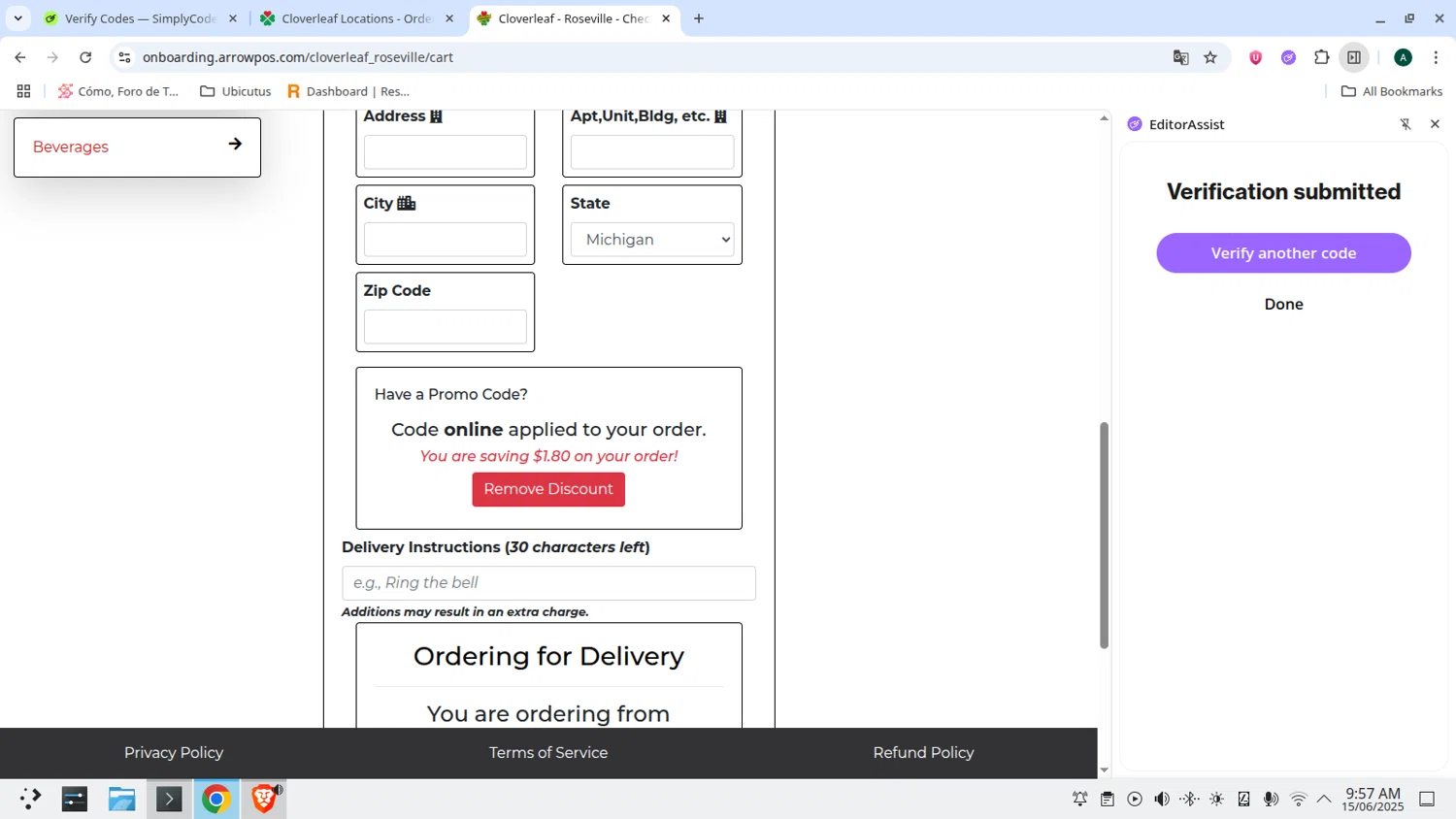 Cloverleaf Pizza coupon code screenshot showing code online applied at Cloverleaf Pizza checkout page. Uploaded by SimplyCodes community member RoyalScout4450 on Jun 15, 2025