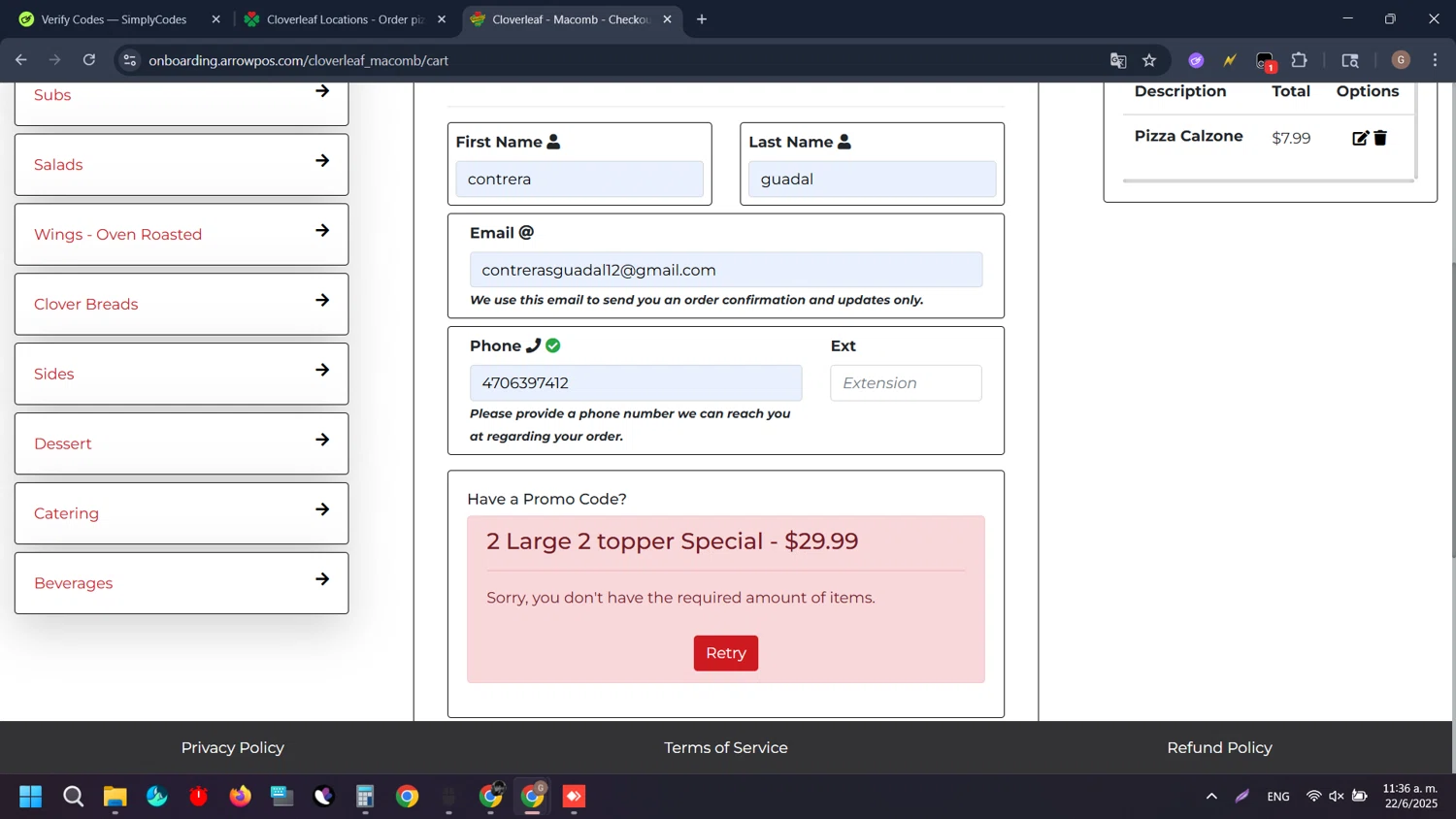 Cloverleaf Pizza coupon code screenshot showing code 2L2T applied at Cloverleaf Pizza checkout page. Uploaded by SimplyCodes community member QueTeImporta on Jun 22, 2025