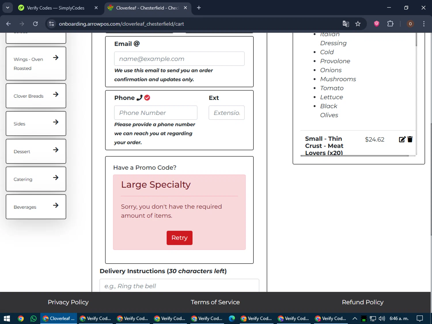 Cloverleaf Pizza coupon code screenshot showing code SPEC applied at Cloverleaf Pizza checkout page. Uploaded by SimplyCodes community member Legendar on Jun 6, 2025