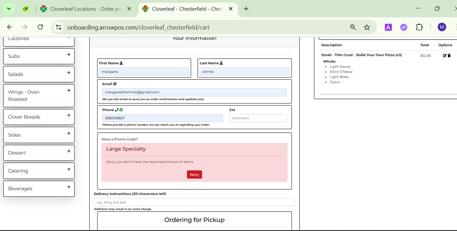 Cloverleaf Pizza coupon code screenshot showing code SPEC applied at Cloverleaf Pizza checkout page. Uploaded by SimplyCodes community member CodeVirtuoso1353 on May 8, 2025