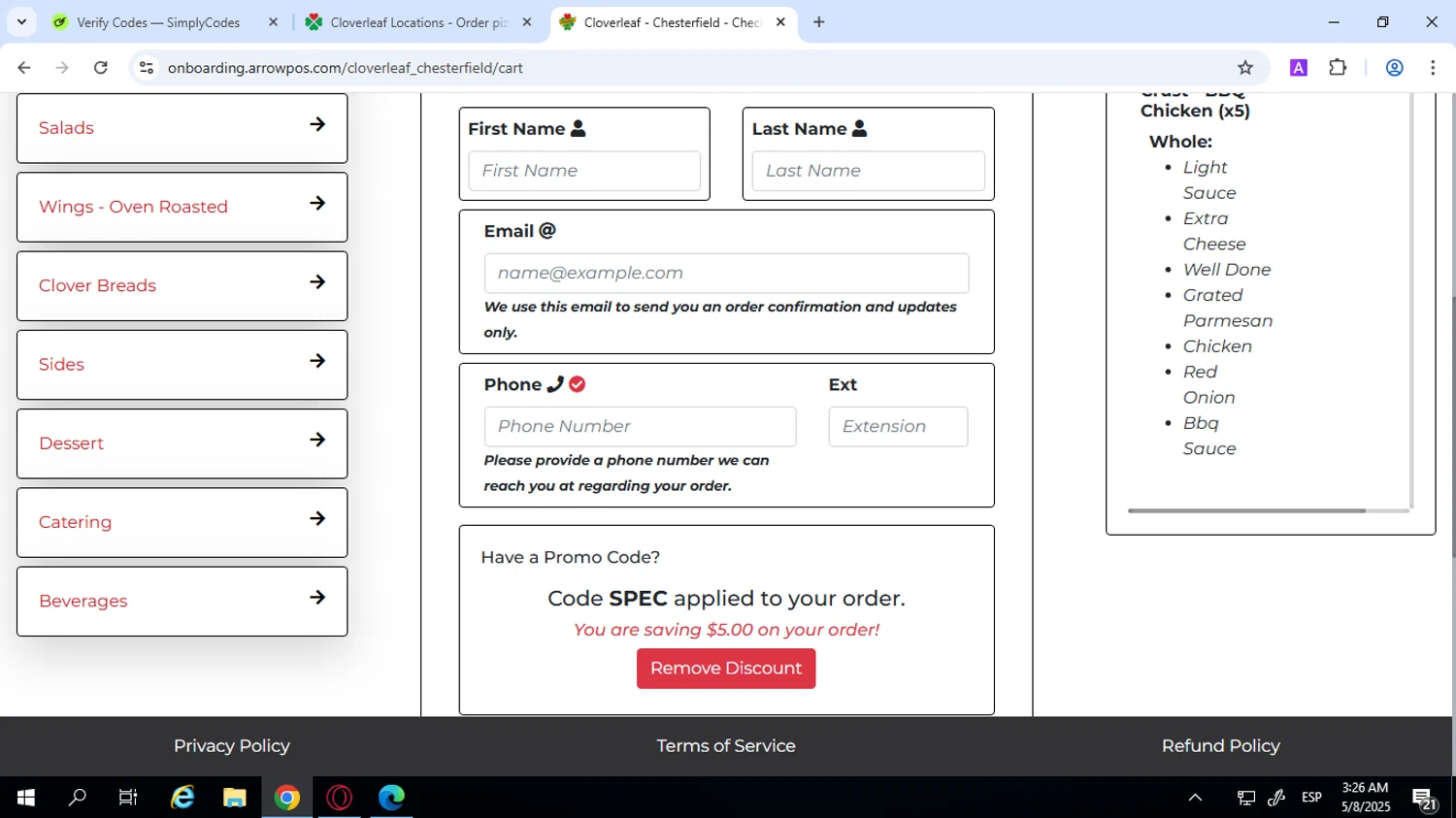 Cloverleaf Pizza coupon code screenshot showing code SPEC applied at Cloverleaf Pizza checkout page. Uploaded by SimplyCodes community member SwiftPilot741 on May 8, 2025