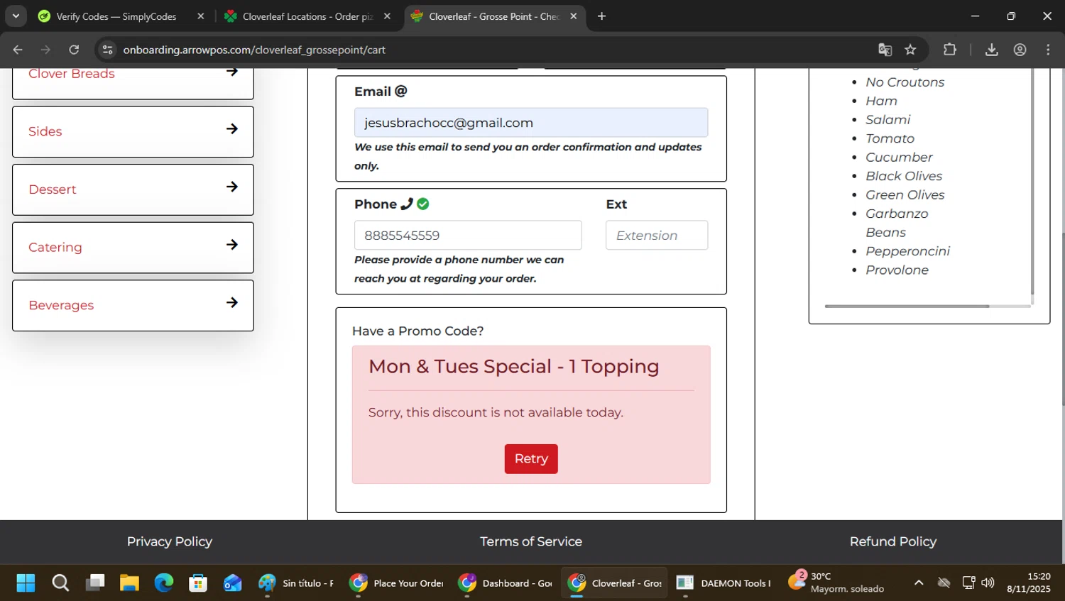 Cloverleaf Pizza coupon code screenshot showing code MTS applied at Cloverleaf Pizza checkout page. Uploaded by SimplyCodes community member CrownPhoenix4297 on Nov 8, 2025